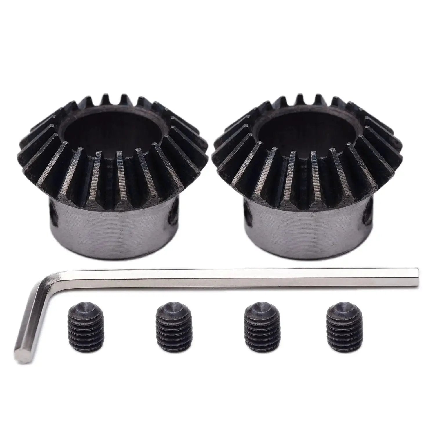 Two Piece Bevel Gear Set 1.5 Module Tapered Bevel Pinion Gears For Hardware And Machinery, showing two gears with 16mm hole, wrench and screws