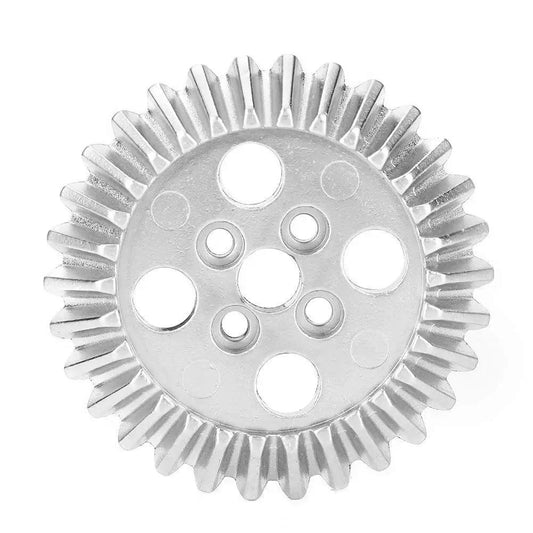 Close-up of Beefy Bevel Gear Set For FRC Robots Zinc Alloy Aluminum Bearing 22mm, showing metal gear and holes.