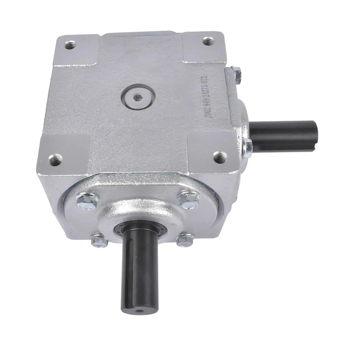 Beefy 40 HP Right Angle Bevel Gearbox With 2 Keyed Shafts 1 To 1 Cast Iron showing front view with cast iron casing