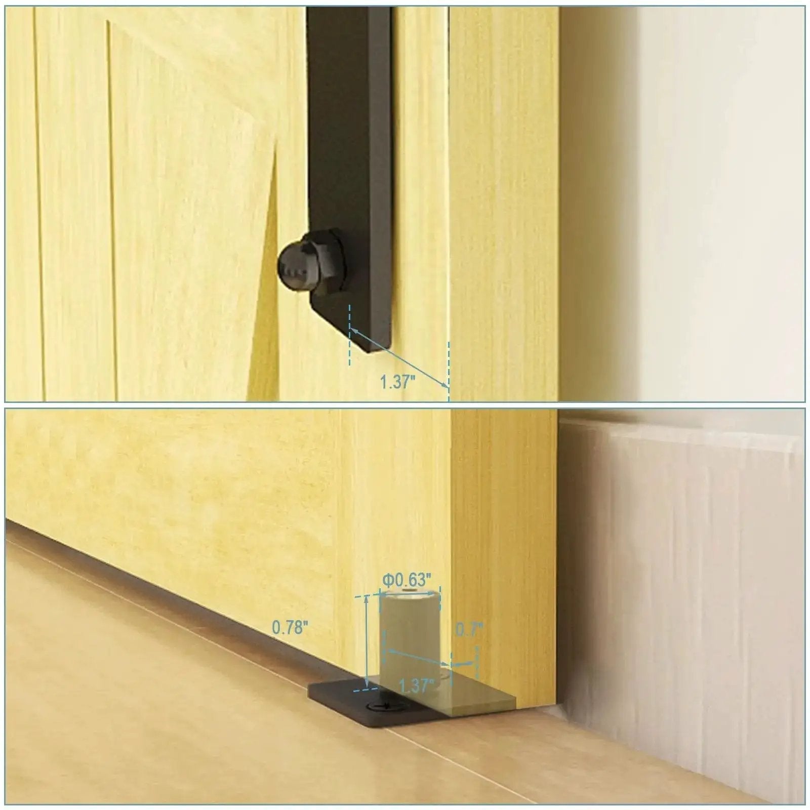 Close-up of 108 Inch Bi Folding Sliding Barn Door Hardware Kit With 9 Foot Heavy Duty Track And Nylon Roller Bearings For Max 26 Inch By 4 Doors Heavy Duty Steel Anti Corrosion Black Finish Smooth Quiet And Easy To Install For Closet And Accordion Doors No Door Panel, showing base guide hardware.