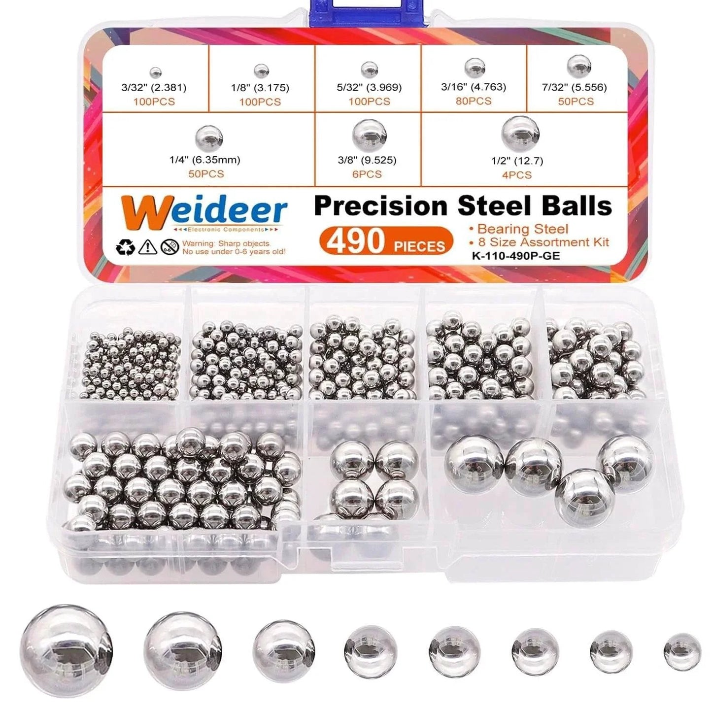 490Pcs Bicycle Bearing Balls Kit Six Sizes Precision Chrome Steel Balls Assortment Mixing Kit For Bicycle Bearings 1/2 Inch 3/8 Inch 1/4 Inch 7/32 Inch 3/16 Inch 5/32 Inch 1/8 Inch 3/32 Inch High Hardness Ultra Smooth Finish