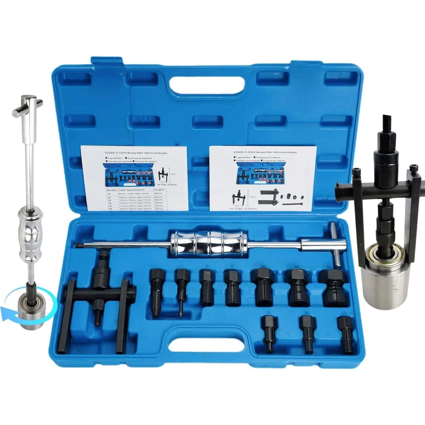 Upgrade Bicycle Blind Hole Bearing Puller Set with Slide Hammer & Two-Jawed Puller Kit in blue case with collets on display.