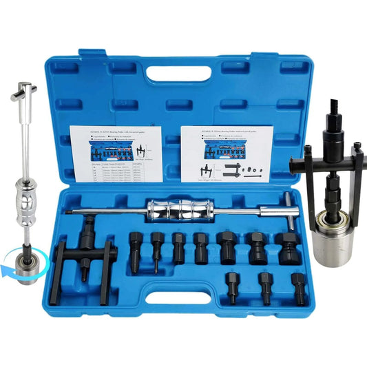 Upgrade Bicycle Blind Hole Bearing Puller Set with Slide Hammer & Two-Jawed Puller Kit in blue case with collets on display.