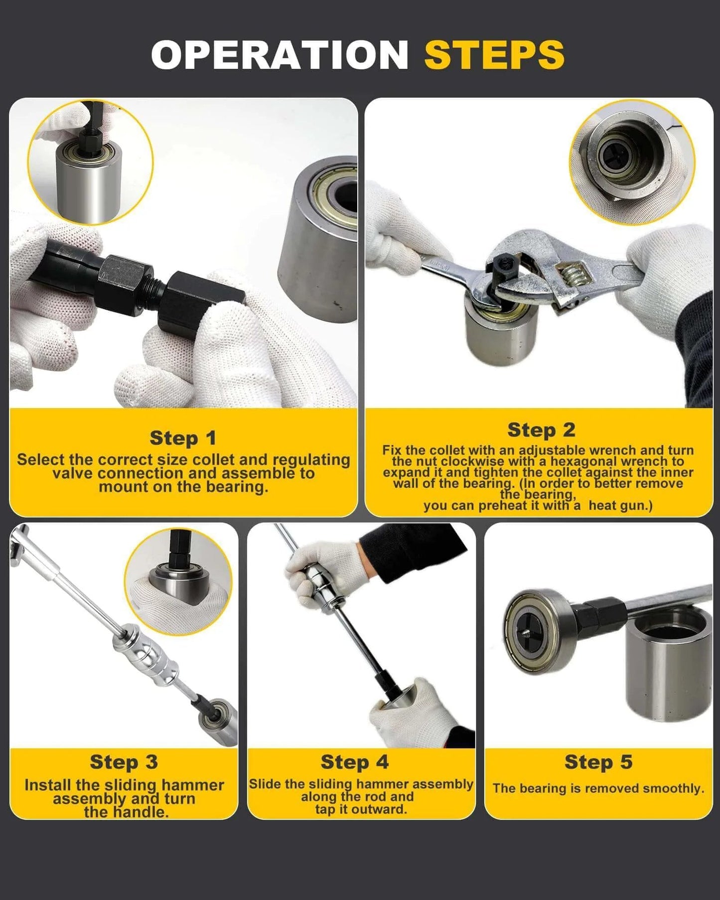 Operation guide for using Upgrade Bicycle Blind Hole Bearing Puller Set with Slide Hammer & Two-Jawed Puller Kit, steps 1 to 5 shown.