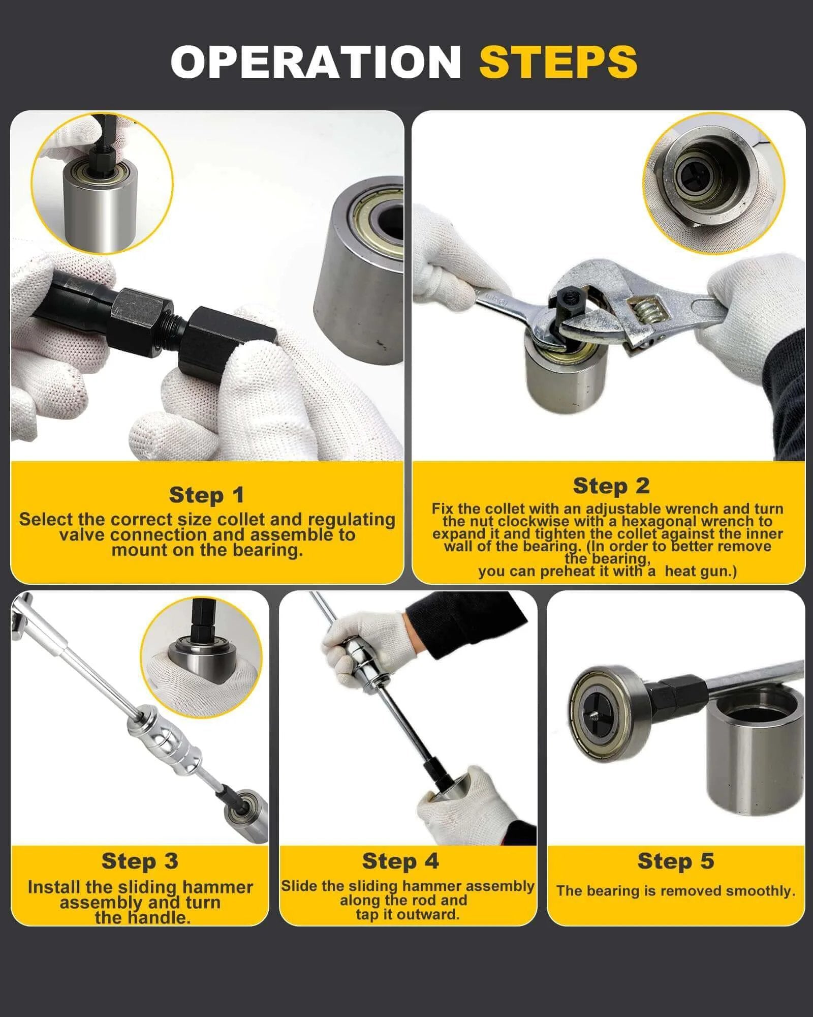Operation guide for using Upgrade Bicycle Blind Hole Bearing Puller Set with Slide Hammer & Two-Jawed Puller Kit, steps 1 to 5 shown.