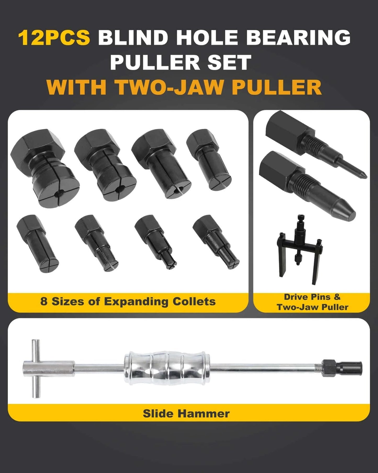 Upgrade Bicycle Blind Hole Bearing Puller Set with Slide Hammer & Two-Jawed Puller Kit, showing collets and tools displayed on dark background.