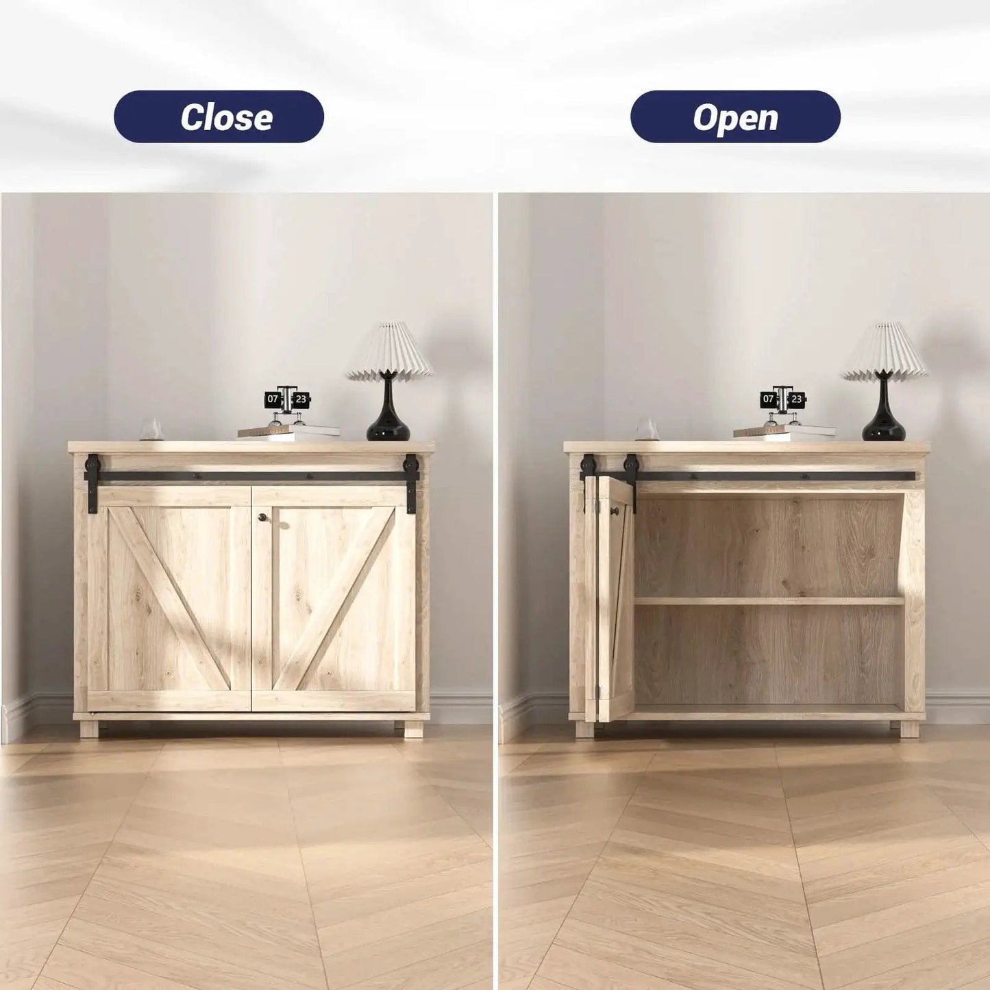 Mini Bifold Barn Door Hardware Kit 30 Inch Sliding Track for Closet Cabinet showing closed and open positions on cabinet