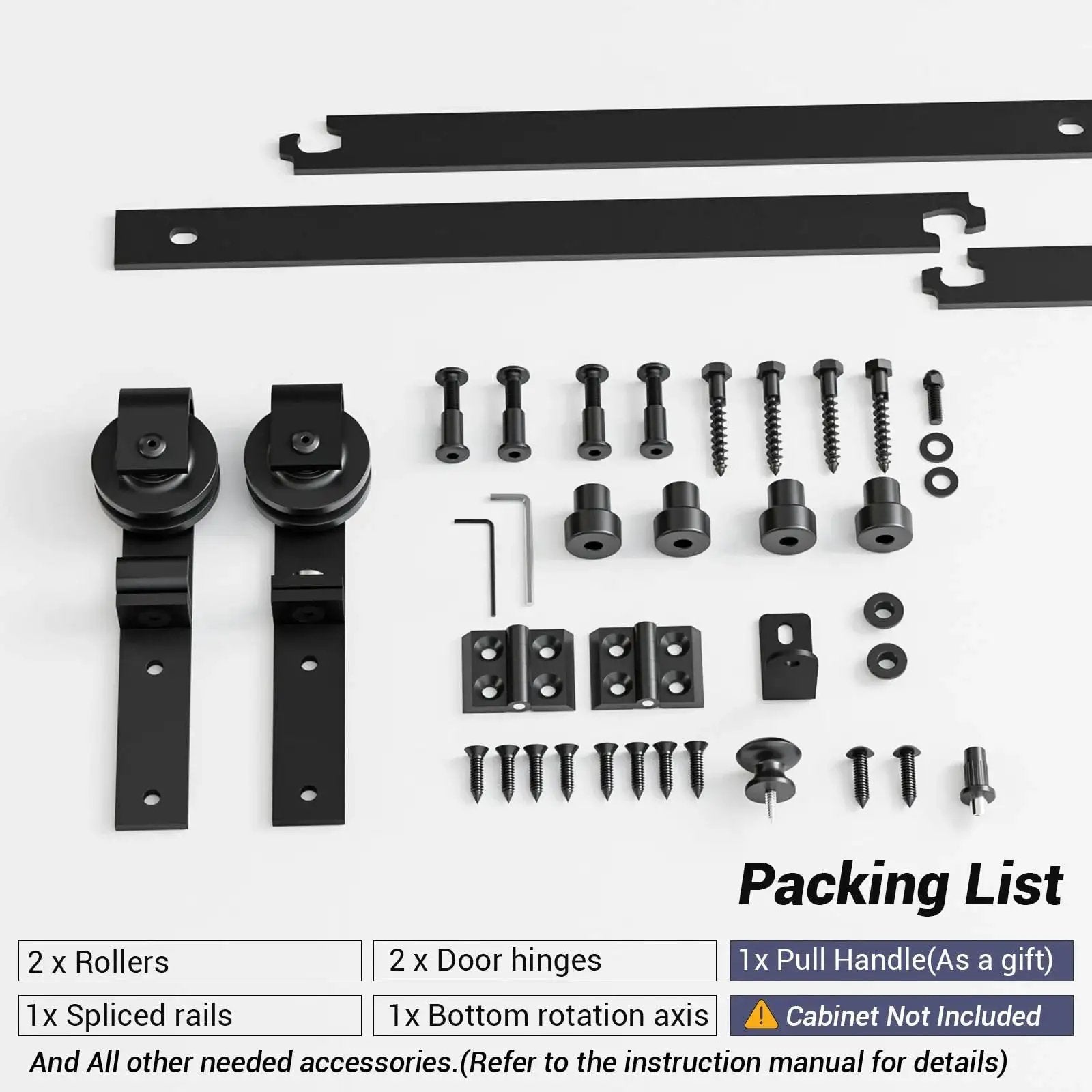Mini Bifold Barn Door Hardware Kit 30 Inch Sliding Track components, including rollers, hinges, and hardware on white background.