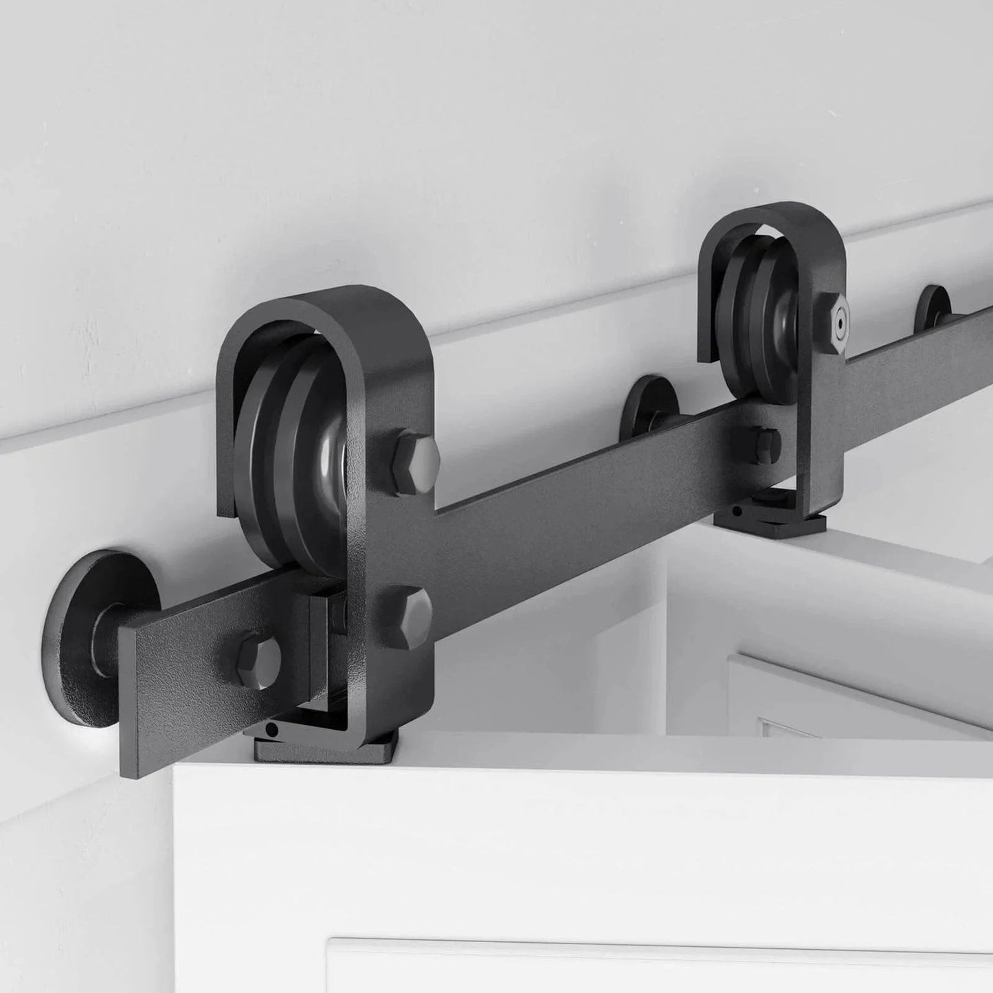 Close-up of 52 inch Bifold Barn Door Hardware Track Kit for Two 24 inch Closet Doors, Top Mount Sliding System with roller in black.