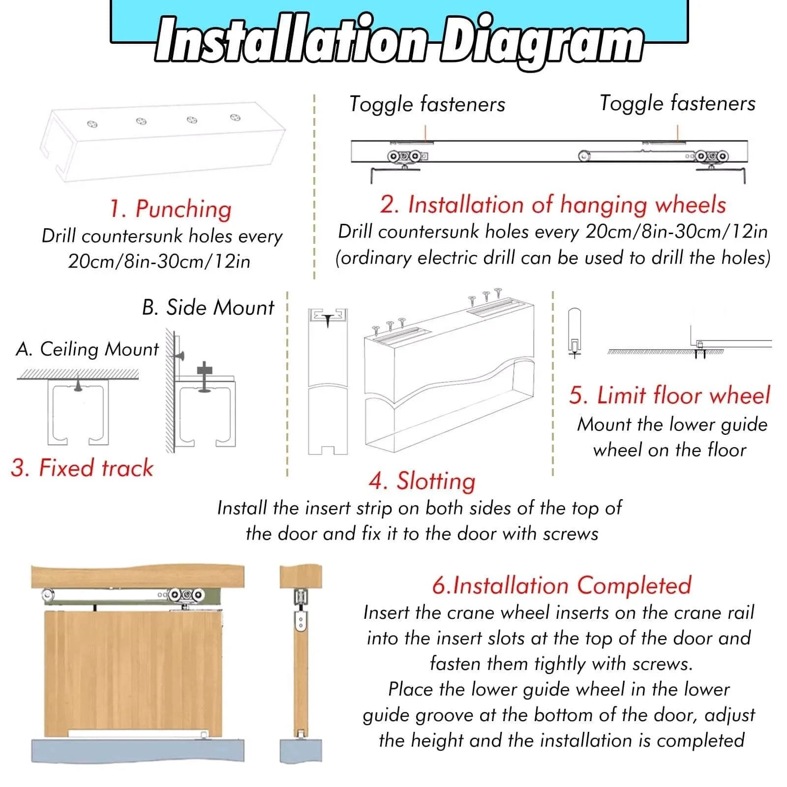 Installation diagram for Bifold Closet Door Hardware Kit 60 70 72 80 90 100 in Track, showing steps and mounting instructions