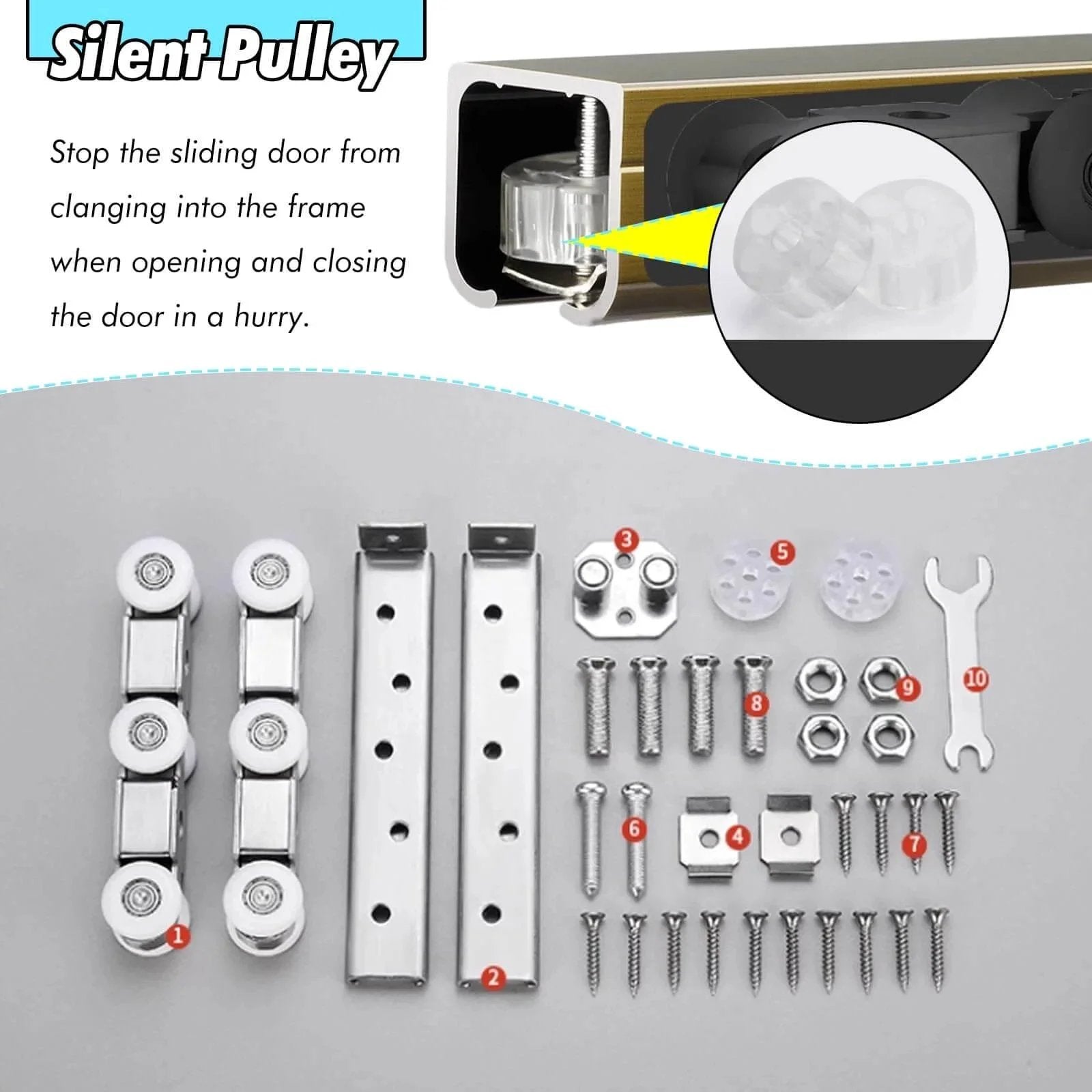 Bifold Closet Door Hardware Kit 60 70 72 80 90 100 in Track, silent pulley, aluminum track, screws, and tools, black 6 wheels