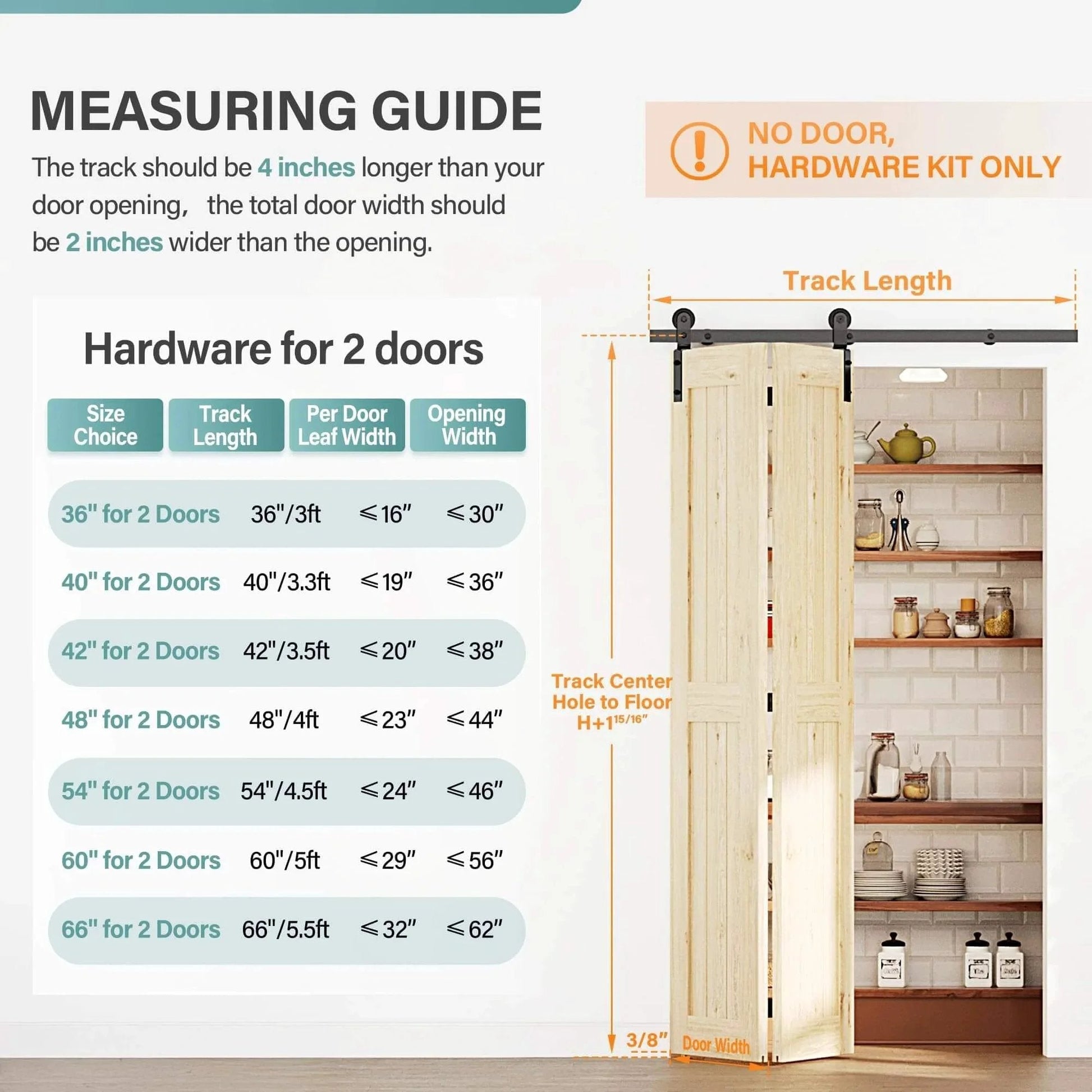 Measuring guide for Bifold Door Hardware for Closet: Heavy Duty Bi Fold Barn Door Hardware Kit with track lengths for multiple setups