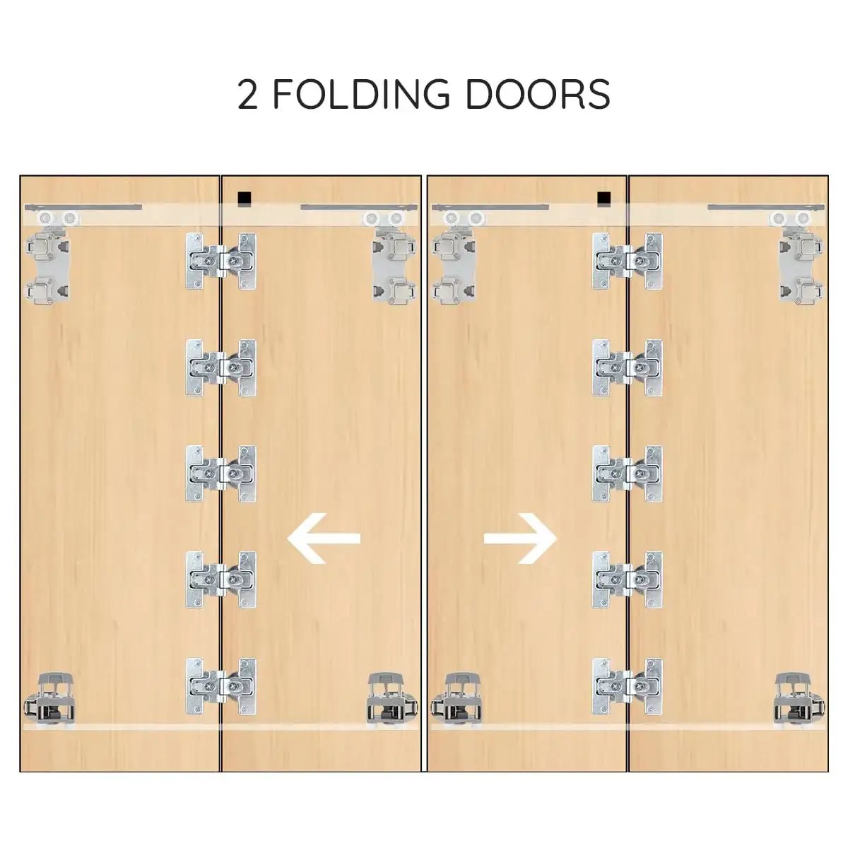 Diagram of free sliding bifold door hardware with track for 2 folding doors visible in closed position without doors.