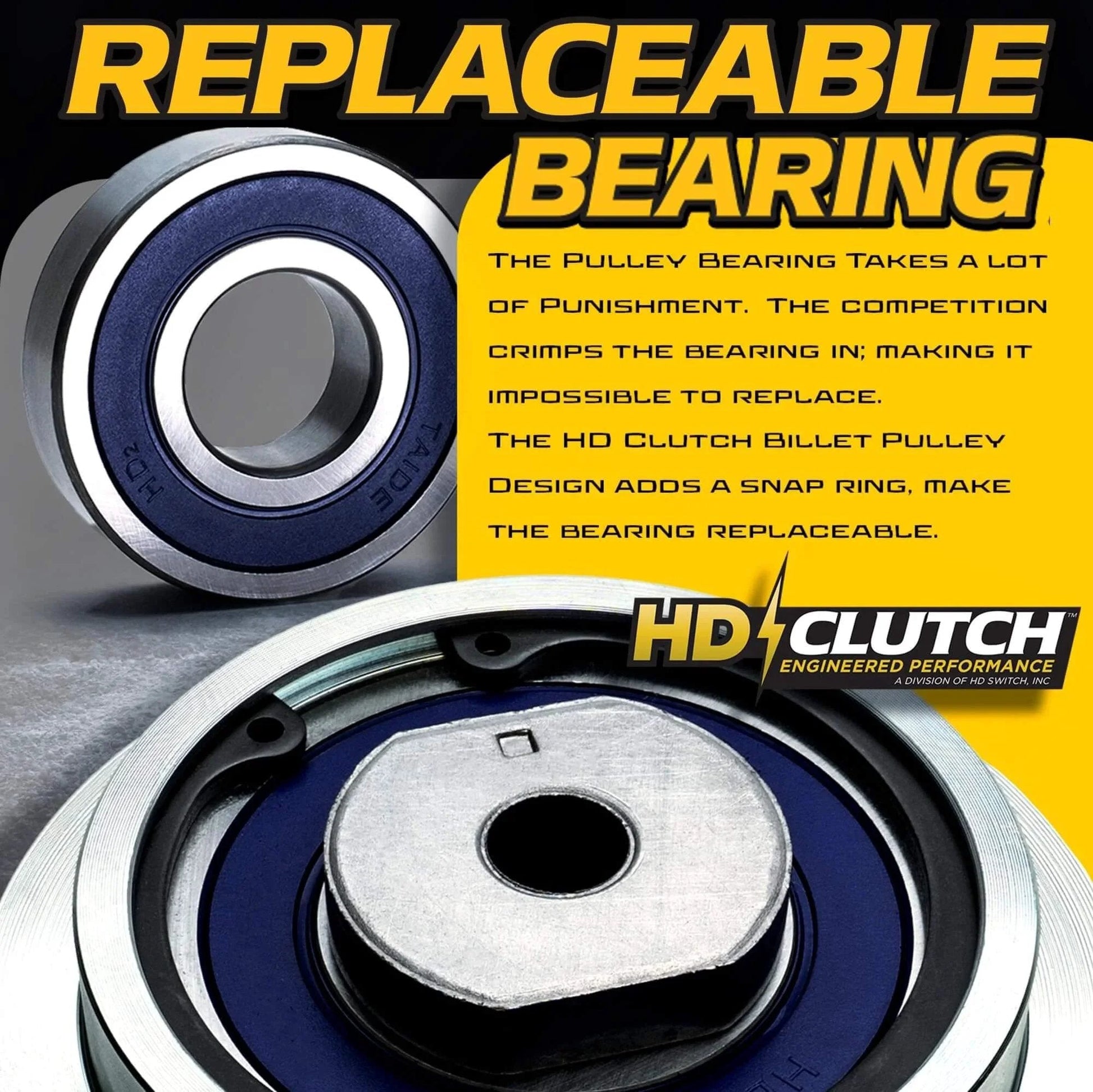 Close-up of replaceable bearing with text about 120ftlb (OEM 105) BIGBearing Clutch 04915400 5215-61 & 20A PTO Switch Ariens Gravely.