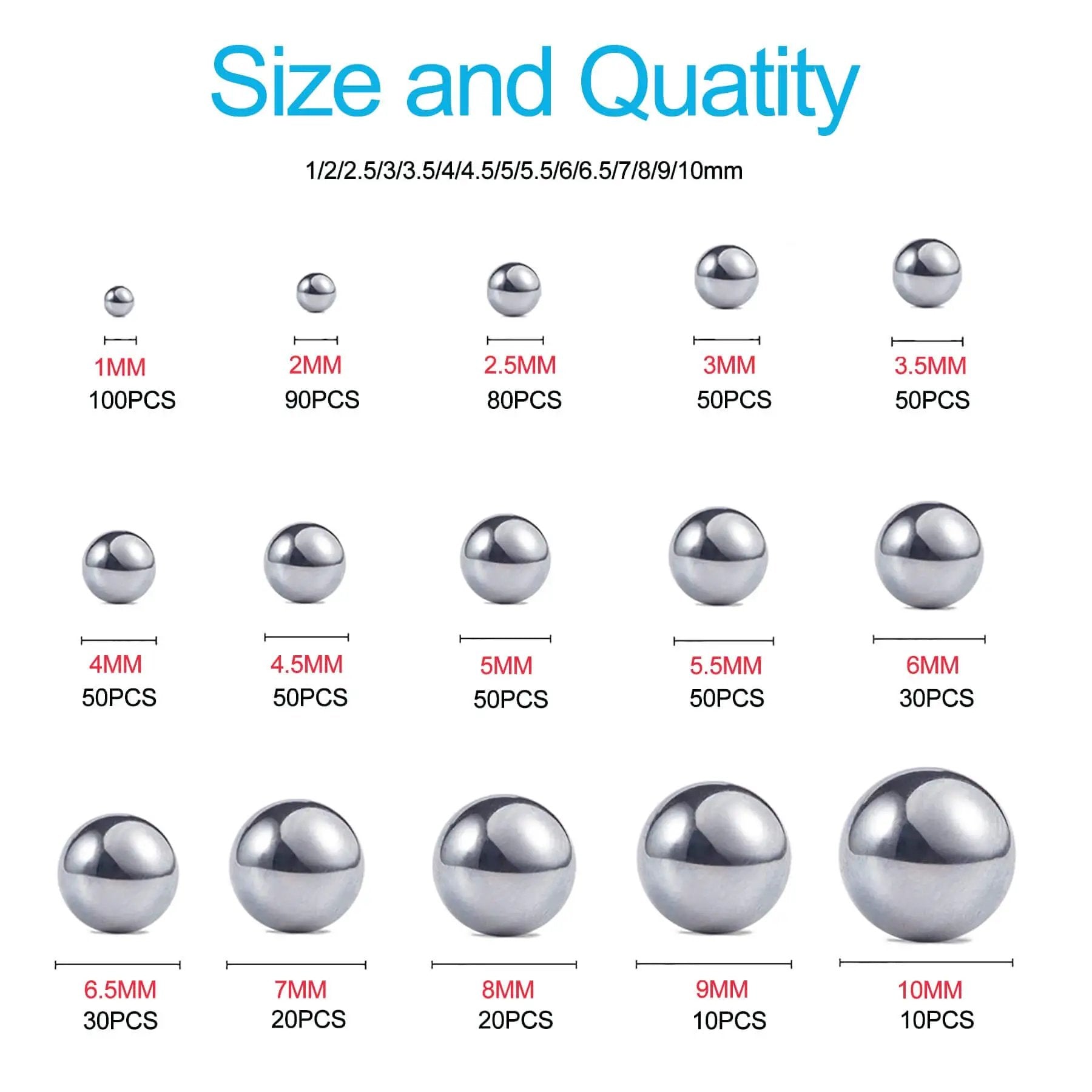 Bike Bearing Balls Kit 690 Piece Set with 15 Metric Sizes from 1mm to 10mm 304 Stainless Steel Precision Balls for Bicycle Bearings