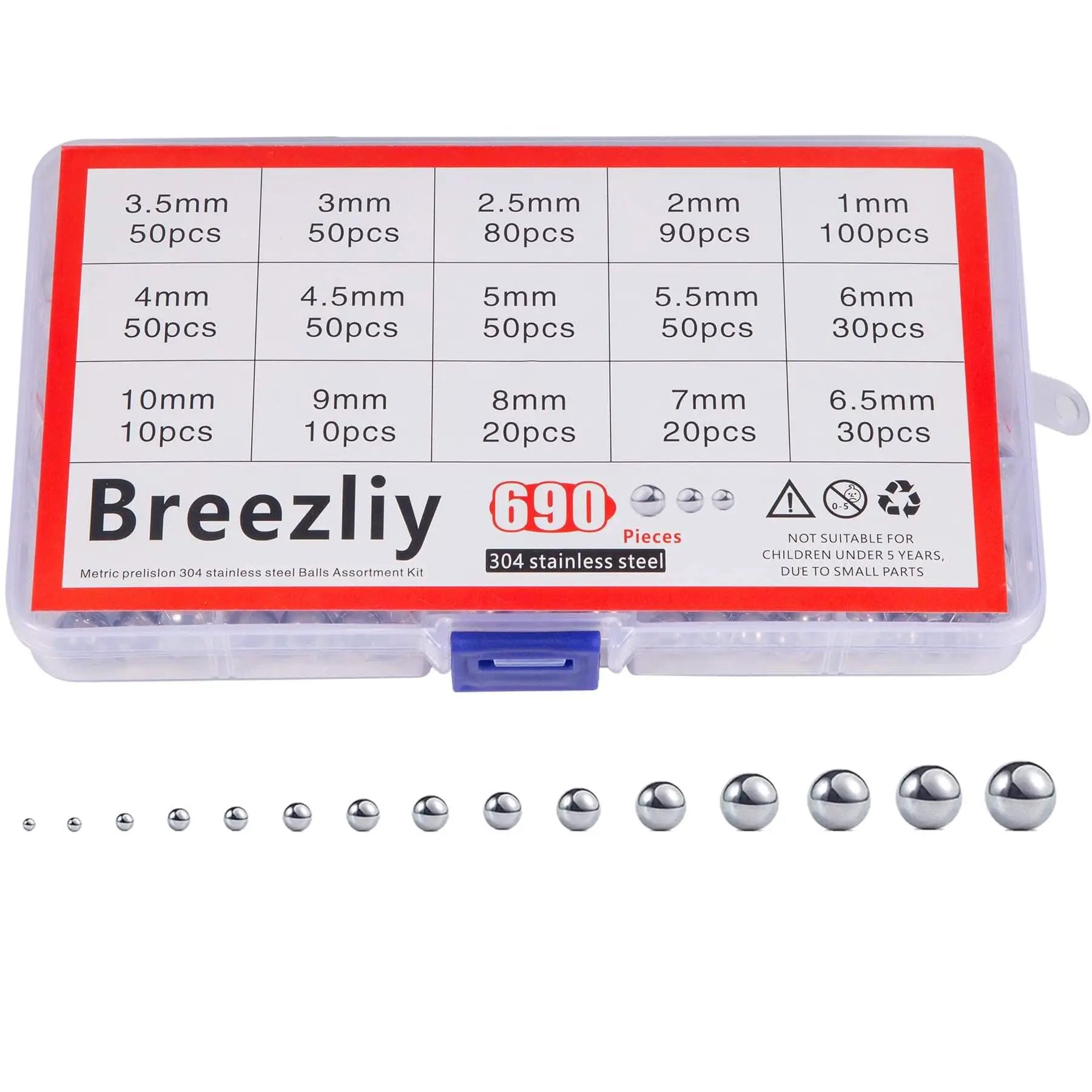 Bike Bearing Balls Kit 690 Piece Set With 15 Metric Sizes From 1mm To 10mm 304 Stainless Steel Precision Balls Kit in labeled case