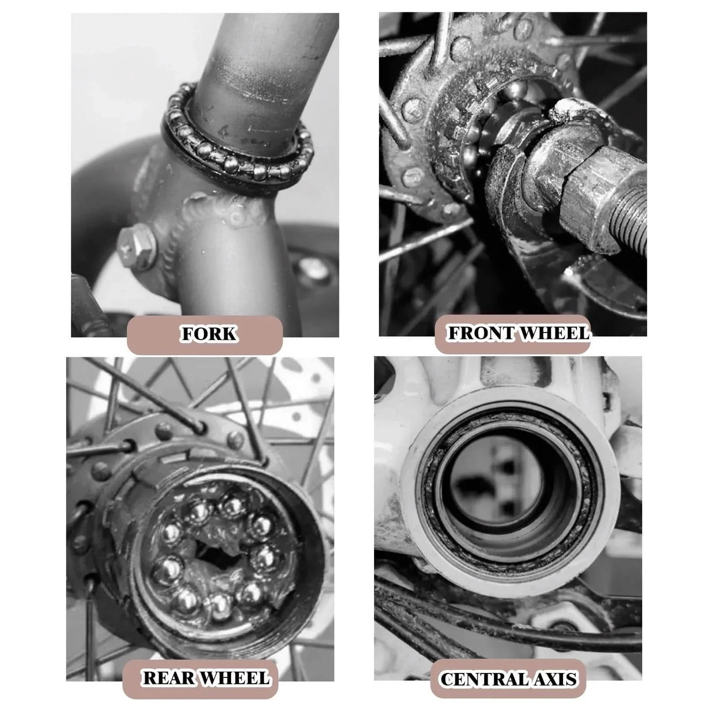 Detailed view of Five Sets Bike Bearing Kit With Fifty Bearings In Ten Sizes for fork, front wheel, rear wheel, and central axis installation.