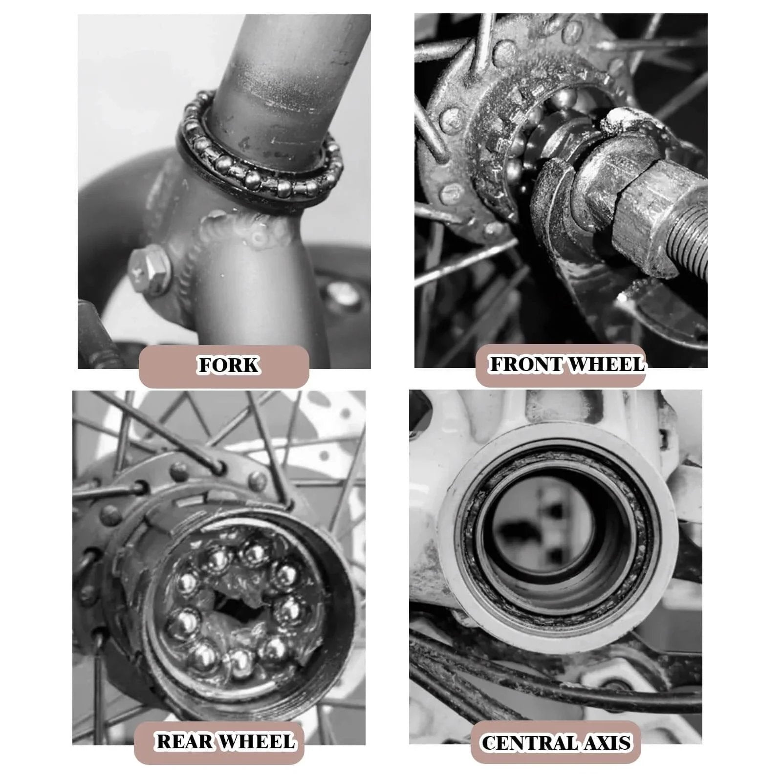 Detailed view of Five Sets Bike Bearing Kit With Fifty Bearings In Ten Sizes for fork, front wheel, rear wheel, and central axis installation.