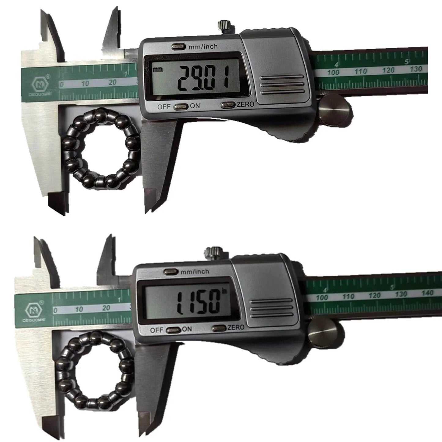 Digital caliper measuring 29.01 mm and 1.15 inches of a Bike Ball Crank Bearing Retainer One Quarter Inch With Nine Balls Four Pieces Bottom Bracket Bearings For Kids Schwinn Bicycles And Genesis Bikes Repair Accessories For Crank Bearing Replacement And Maintenance