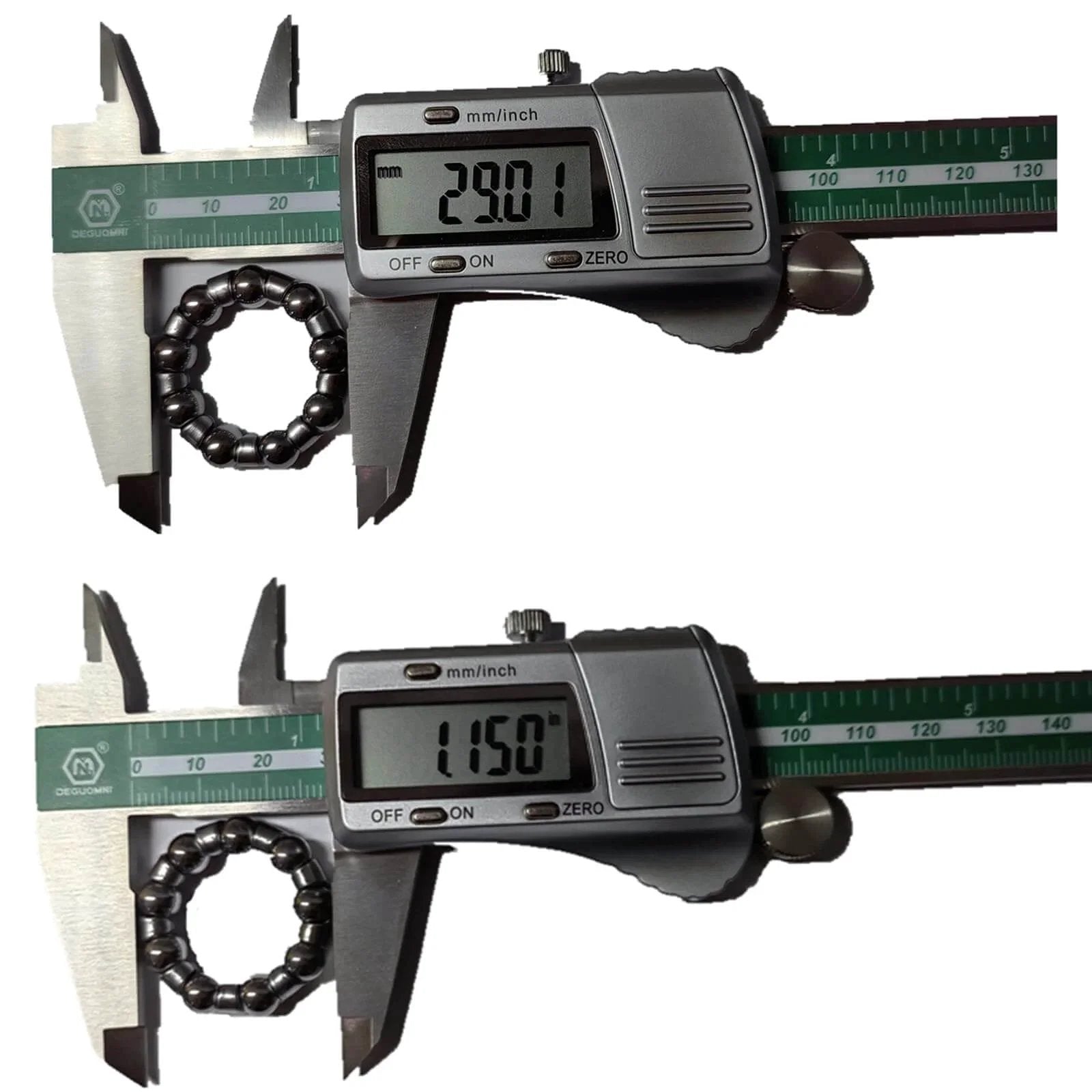 Digital caliper measuring 29.01 mm and 1.15 inches of a Bike Ball Crank Bearing Retainer One Quarter Inch With Nine Balls Four Pieces Bottom Bracket Bearings For Kids Schwinn Bicycles And Genesis Bikes Repair Accessories For Crank Bearing Replacement And Maintenance