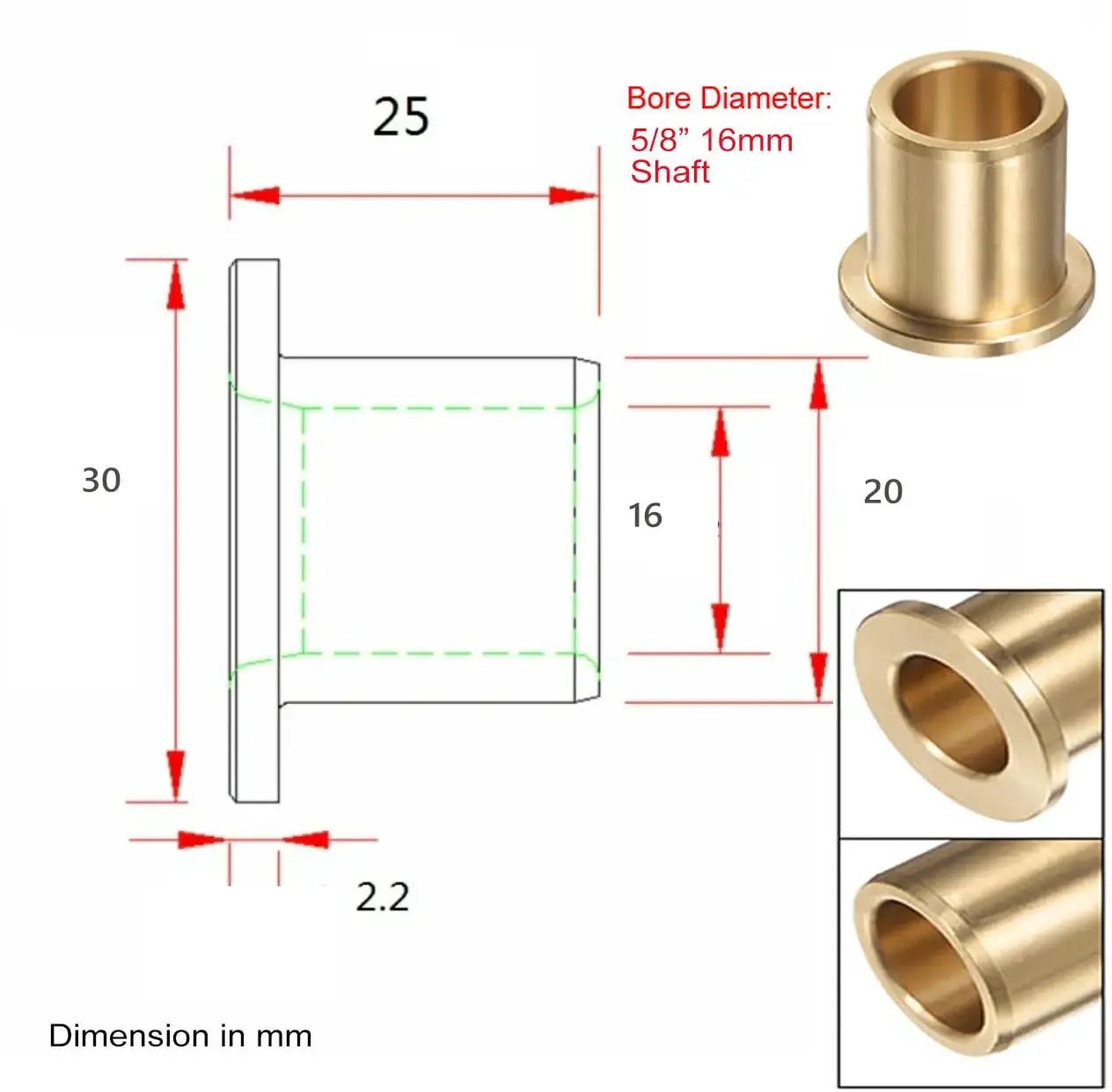 Detailed sketch and photo of copper brass brushing sleeve for bike engine clutch bell drum kit with flange bearing, dimensions labeled in mm