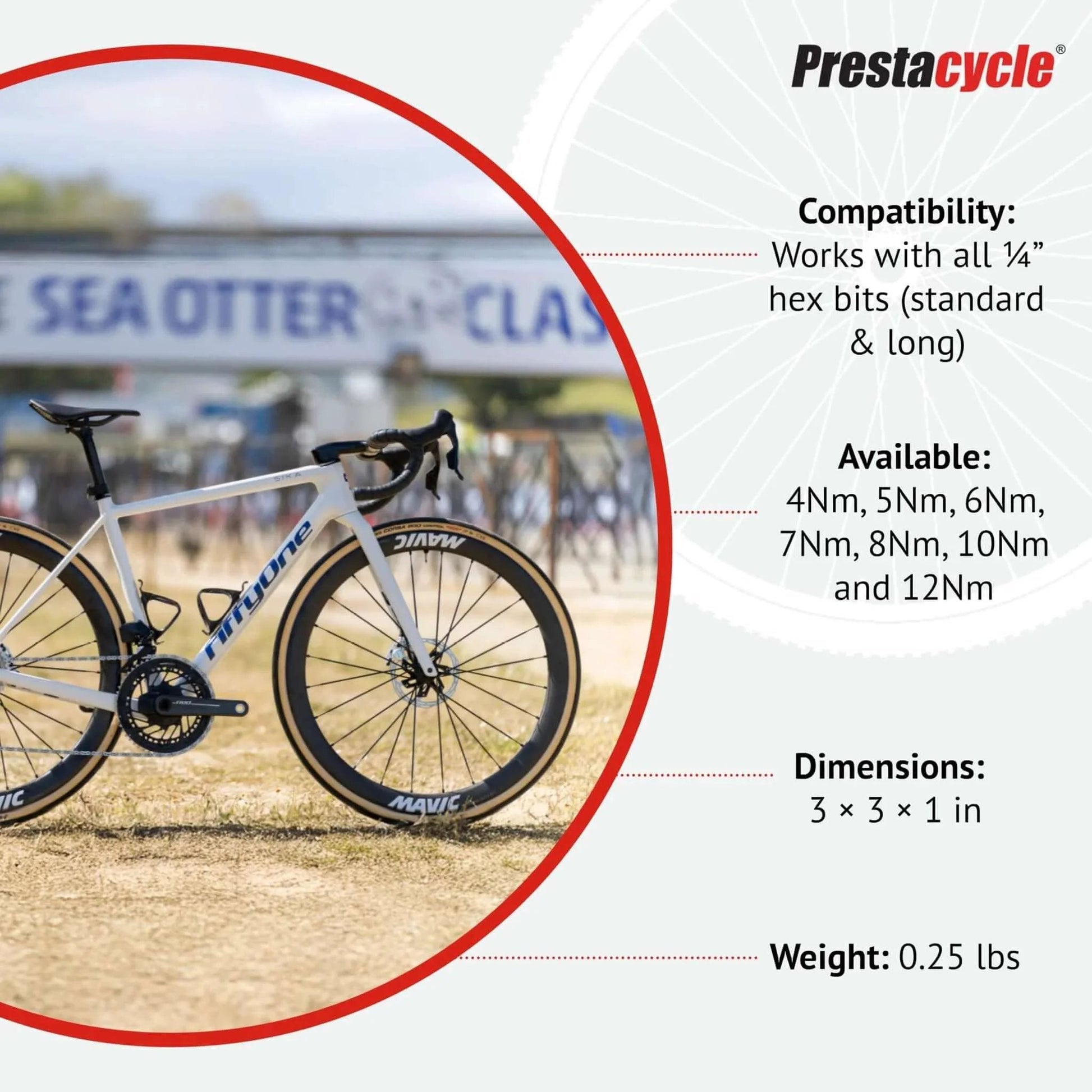 Road bicycle displayed outdoors with specifications overlay; suitable for use with 6Nm T-Handle Torque Limiting Tool – Torque Wrench Bit.