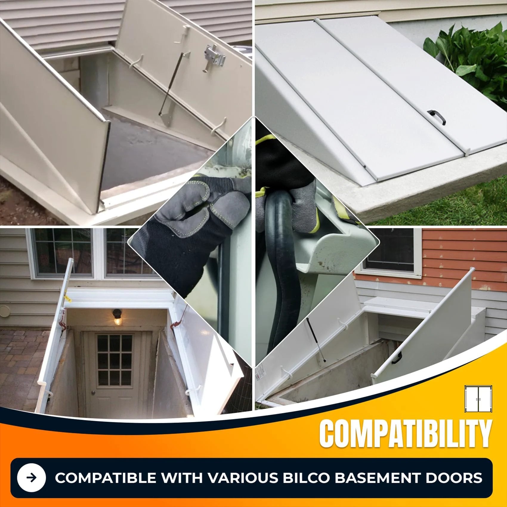Basement Door Weatherstripping Kit For Bilco And Gordon Cellar Doors With 4 Cap Seal Pads 1 Bulb Trim Gasket And 1 U Shaped Gasket shown on various Bilco doors.
