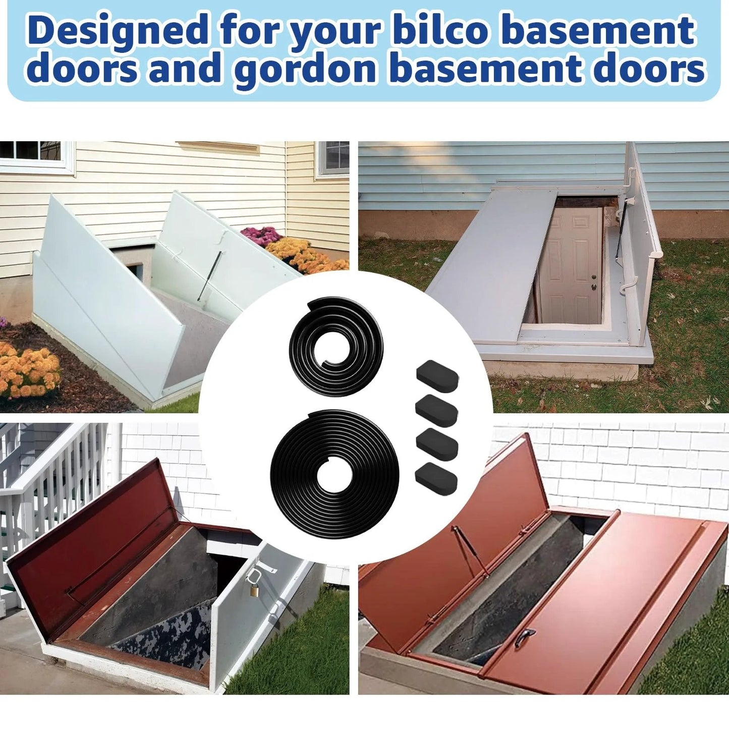 Basement Door Weather Stripping Kit Replacement For Bilco Doors includes U Shaped Gasket and Cap Seal Pads, shown with Bilco doors.