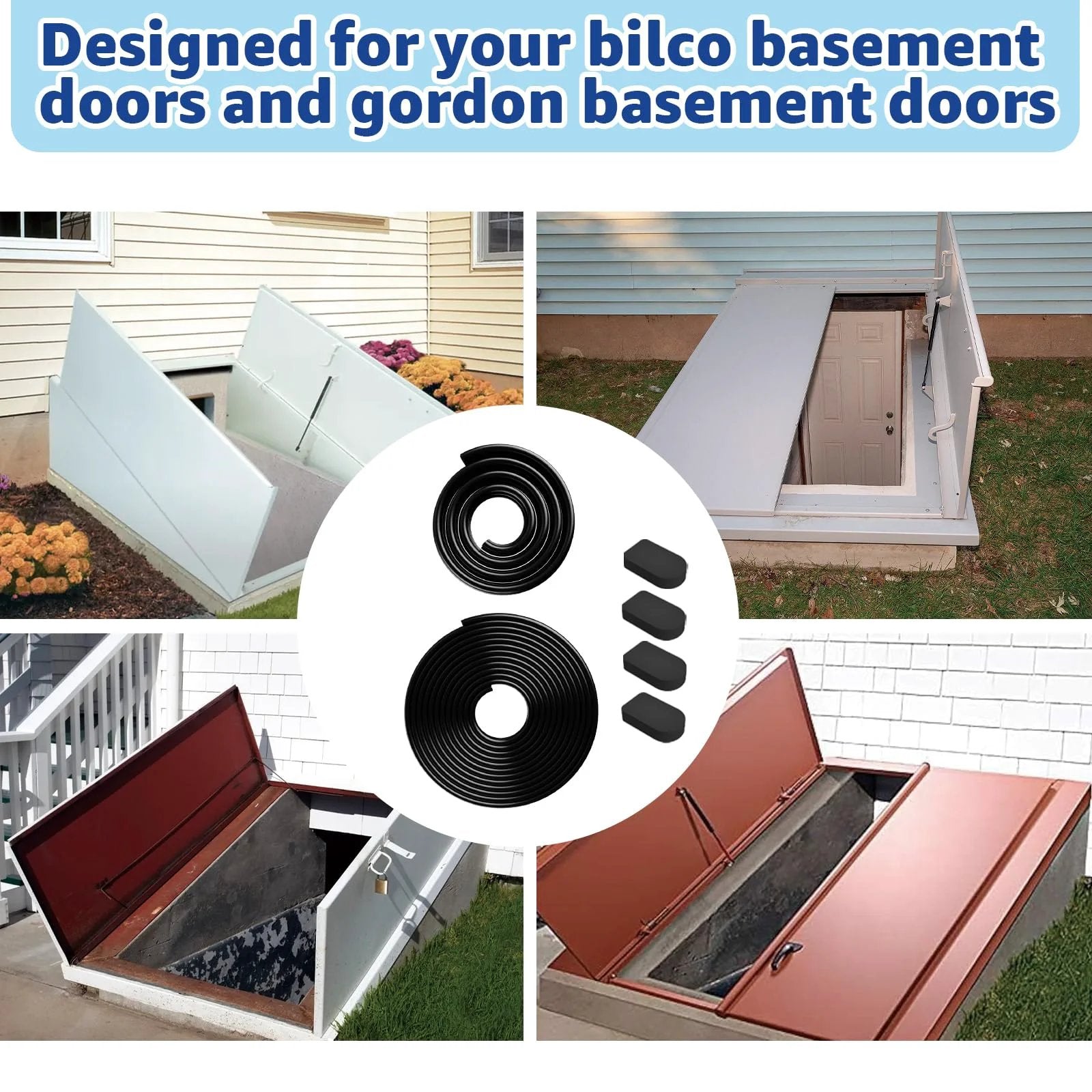 Basement Door Weather Stripping Kit Replacement For Bilco Doors includes U Shaped Gasket and Cap Seal Pads, shown with Bilco doors.