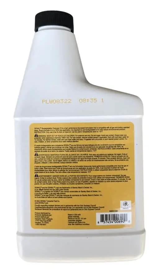 Back view of Eco Friendly Biodegradable Bar And Chain Oil For Chainsaws From DeWalt Green Non-Toxic Pro Lubricant bottle
