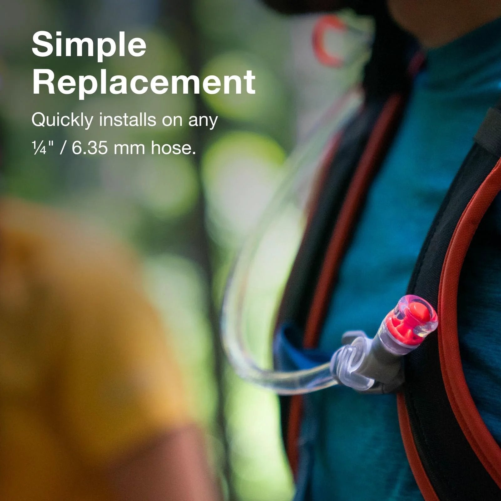 Bite Valve Replacement For Hydraulics Reservoirs By Osprey, Clear color, installed on a 1/4 inch hose for easy access.