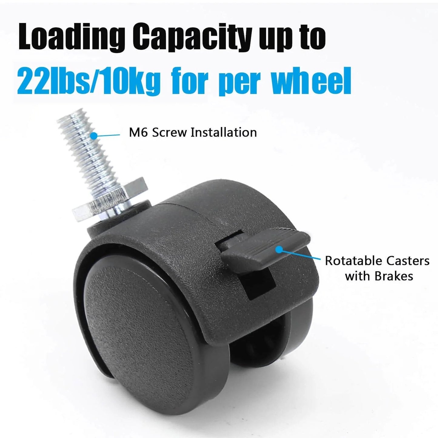 Close-up of 4pcs 1 Inch Swivel Caster Wheels with M6 Threaded Stem and Brake, heavy duty black nylon, showing M6 screw and brake feature.