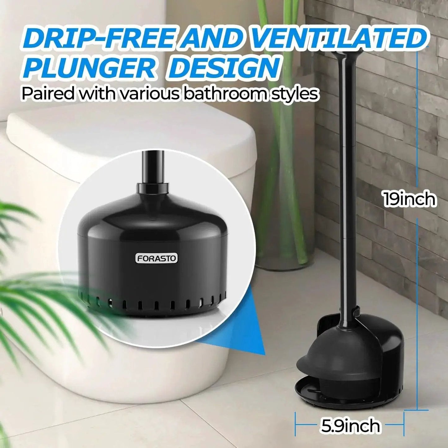 Powerful Toilet Plunger With Holder And Cover For Bathroom Use shown by toilet, 19-inch design, double-layer seal, ventilated holder.
