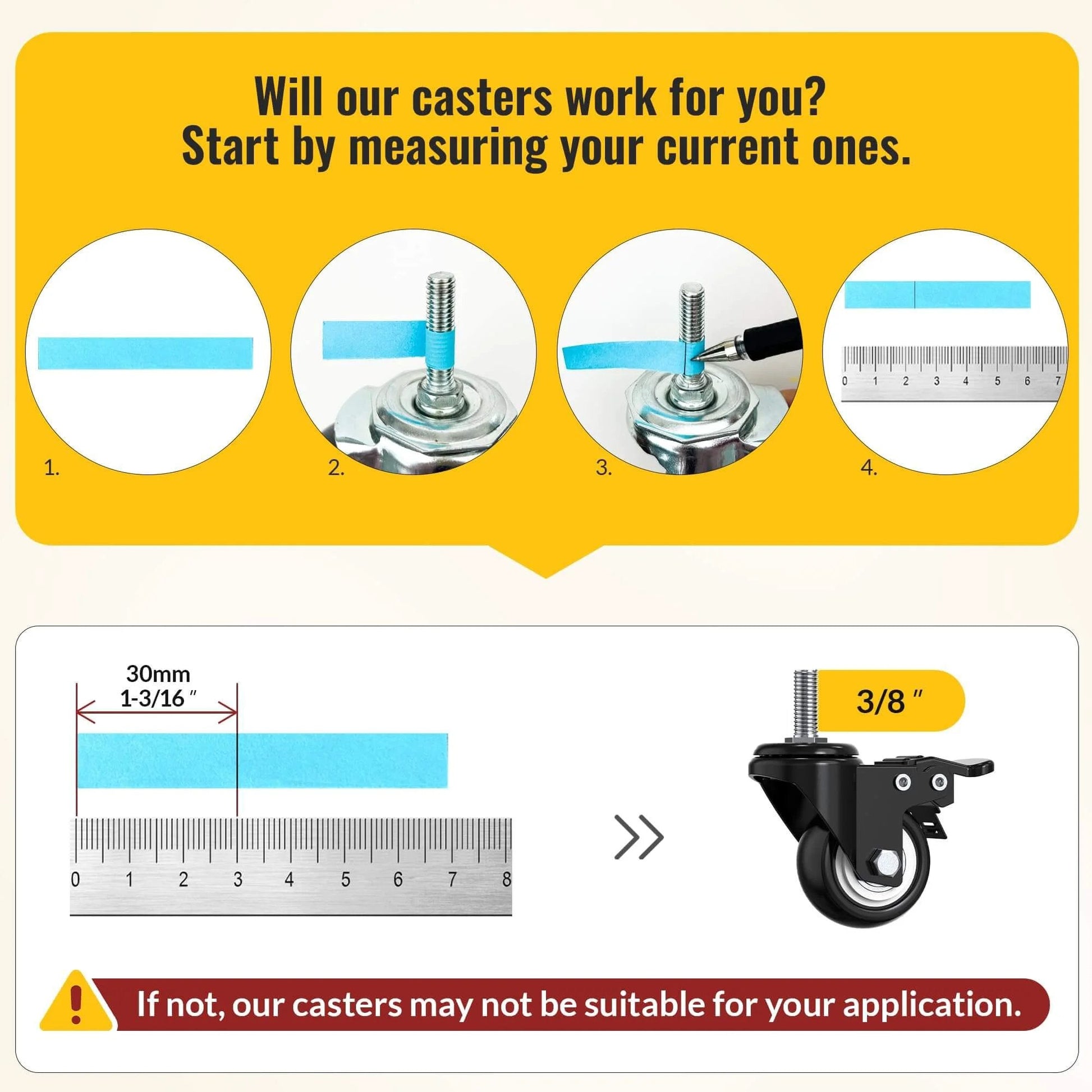 Measurement guide for 2 Inch Stem Caster Wheels Total Locking Set of 4 Heavy Duty Swivel Casters with 3/8 Inch Threaded Stem