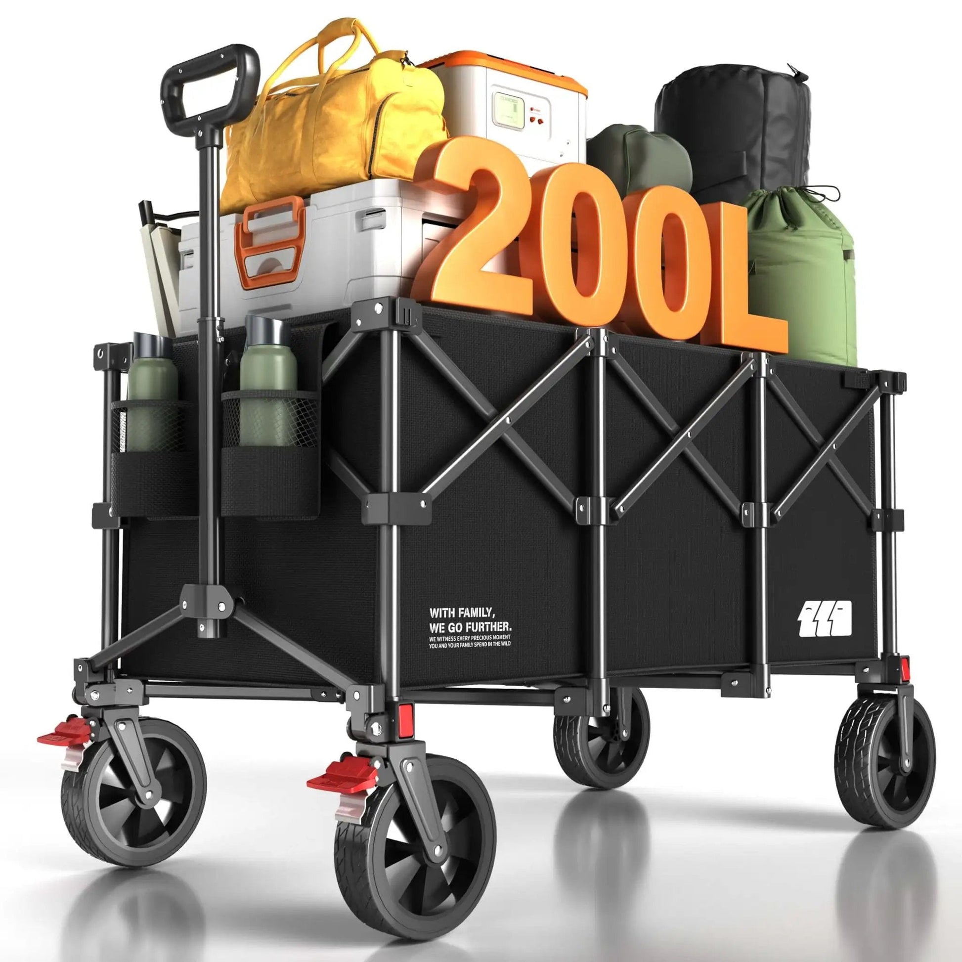Large 200L Collapsible Wagon Cart With 440 Pounds Weight Capacity And Built In Brake For Camping Garden Sports And Shopping Foldable Utility Wagon 34.6 By 19.6 By 23 Inches Lightweight At Only 16.5 Pounds Black carrying camping gear.