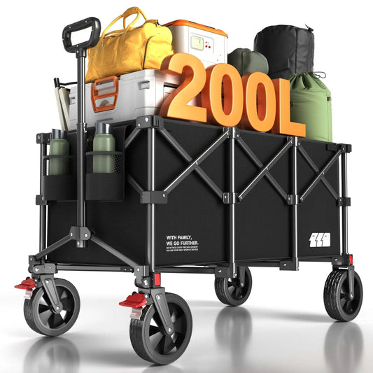 Large 200L Collapsible Wagon Cart With 440 Pounds Weight Capacity And Built In Brake For Camping Garden Sports And Shopping Foldable Utility Wagon 34.6 By 19.6 By 23 Inches Lightweight At Only 16.5 Pounds Black carrying camping gear.