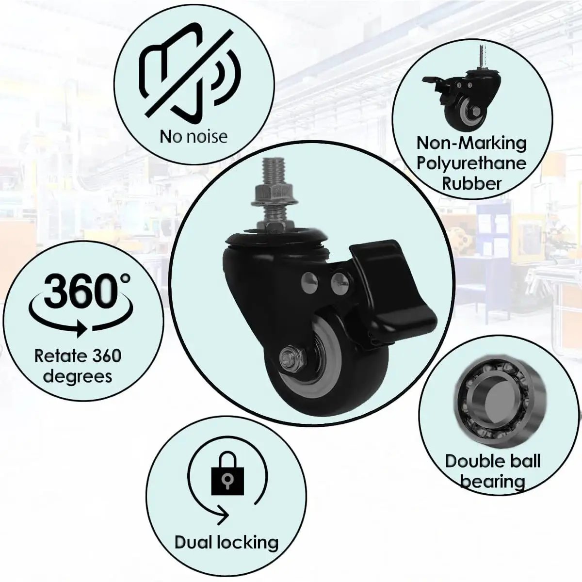 2 Inch Heavy Duty Swivel Stem Casters Set Of 4 With Double Locking Brakes, 600 Lb Capacity, 3/8-16x1 Threaded Stem, Noiseless Industrial