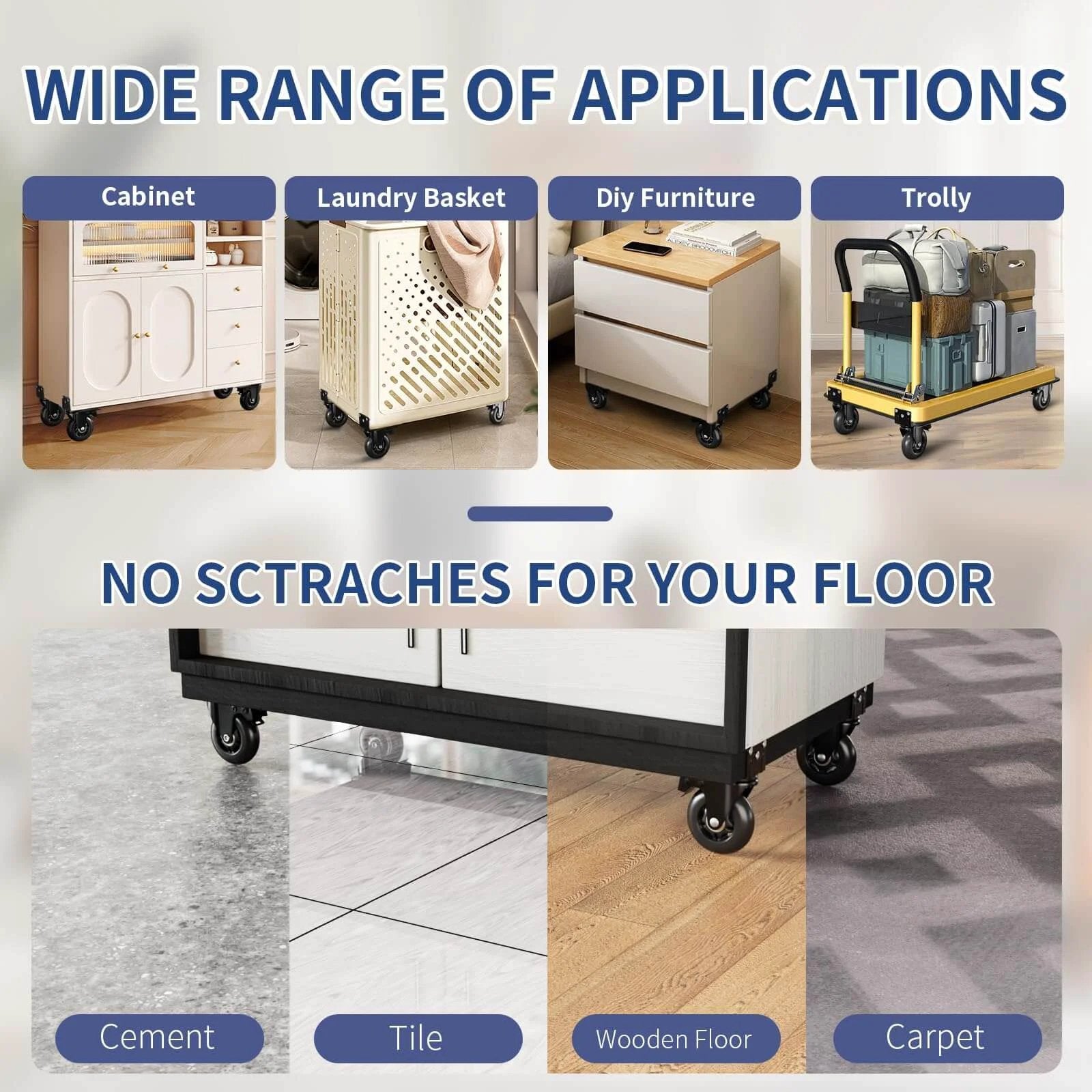 Wide range of applications for 3 Inch Side Mount Plate Caster Wheels L Shaped Heavy Duty Set of 4 with Brake shown with cabinets and carts on various floors.