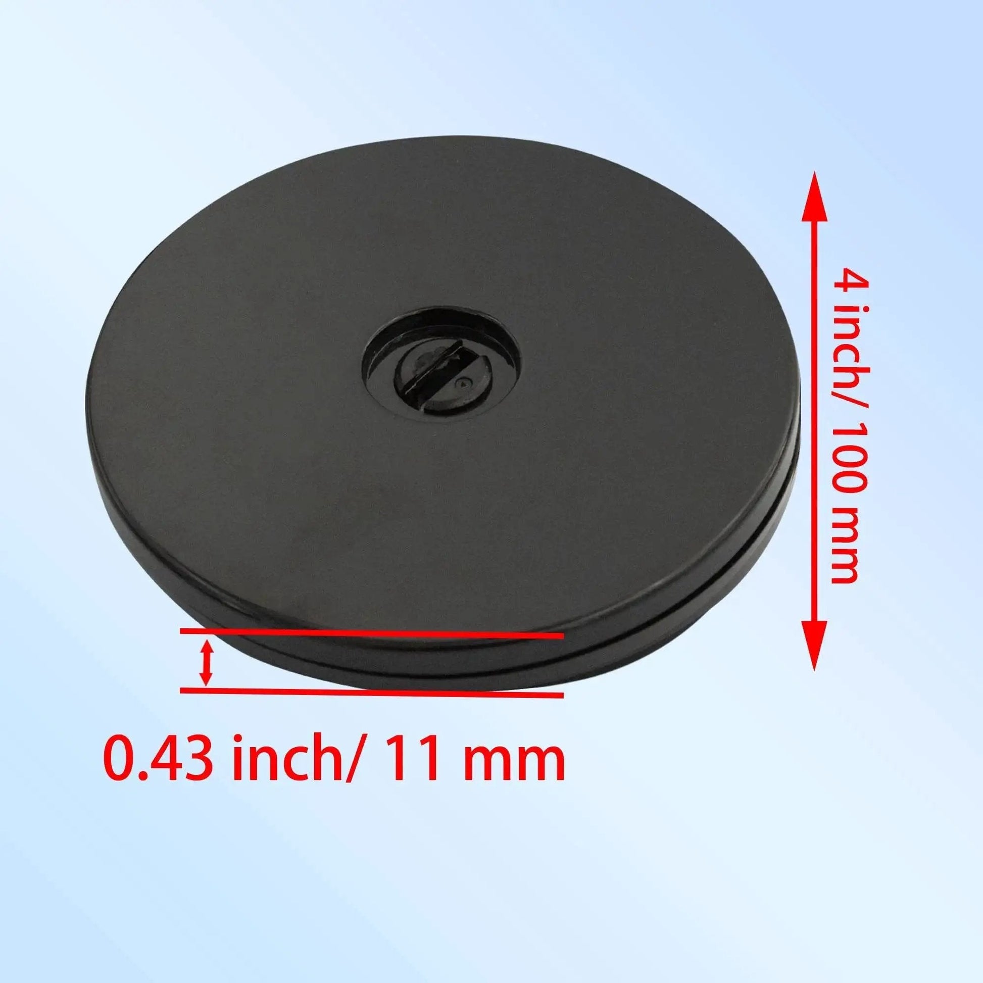 4 Inch Black Acrylic Lazy Susan Turntable Set with dimensions in inches and millimeters for spice rack table cake kitchen pantry organization.