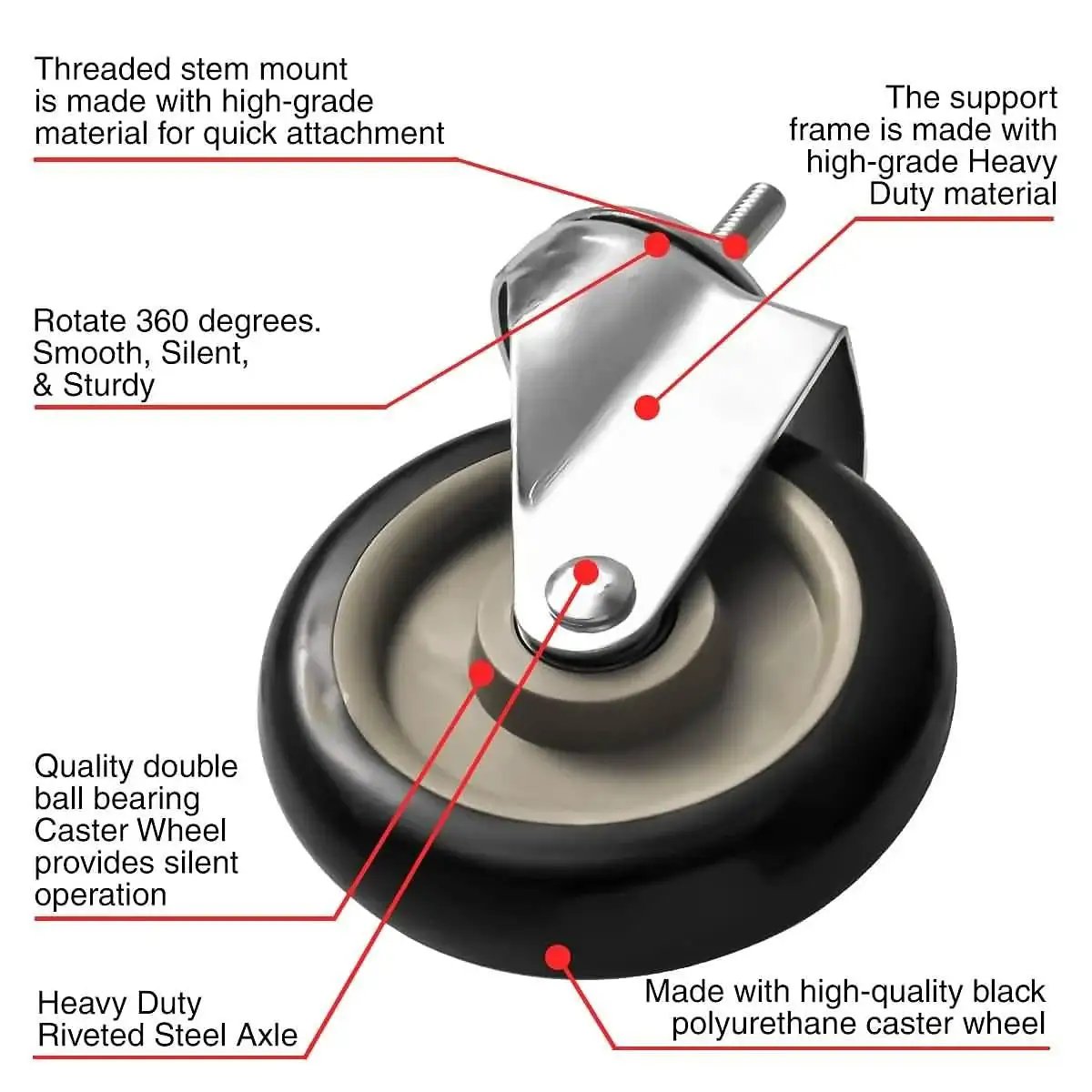 5 Inch Black Caster Wheel No Brake With Three Eighths To One Point Two Inch Threaded Stem Mount Industrial Grade Polyurethane Wheel