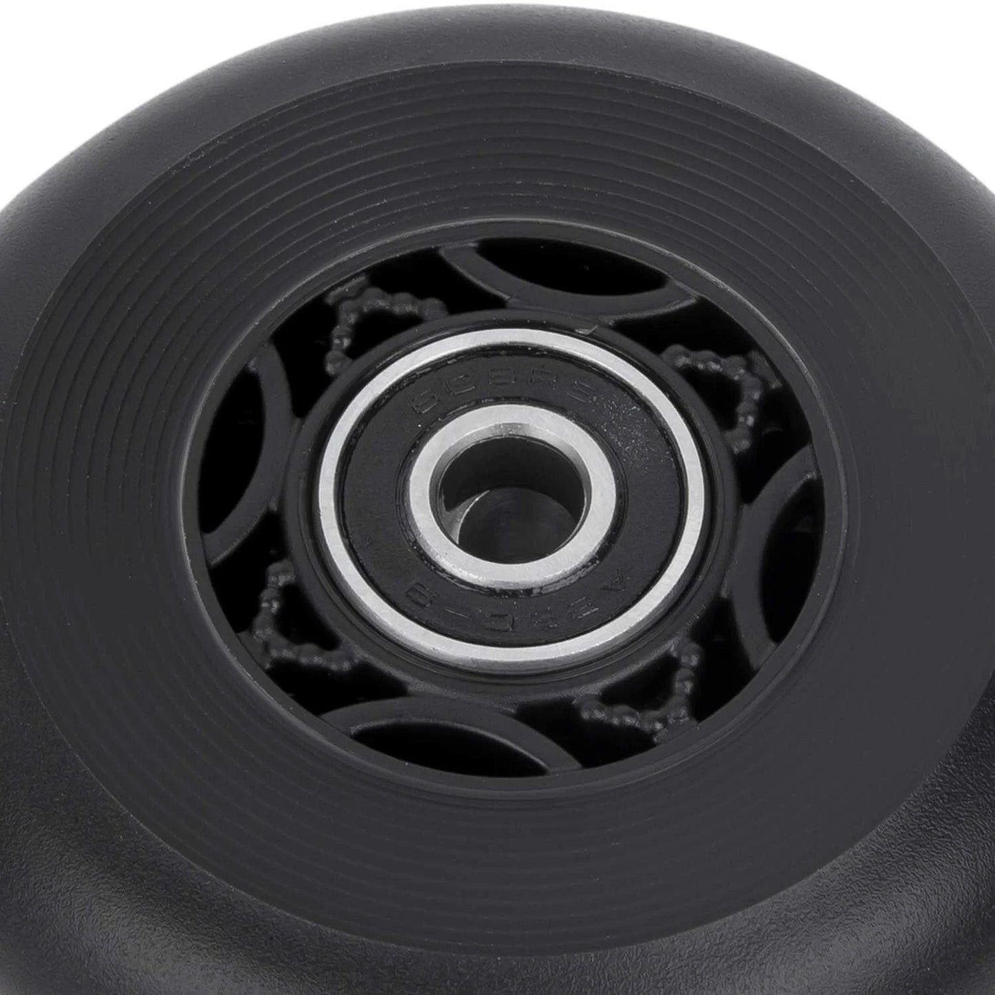 Close-up of black 76mm 90a Ripsurf Wheel w/Bearings ABEC-9 for DLX Caster Board, Deluxe Junior Skateboard, 2 Wheel Pivoting Skateboard