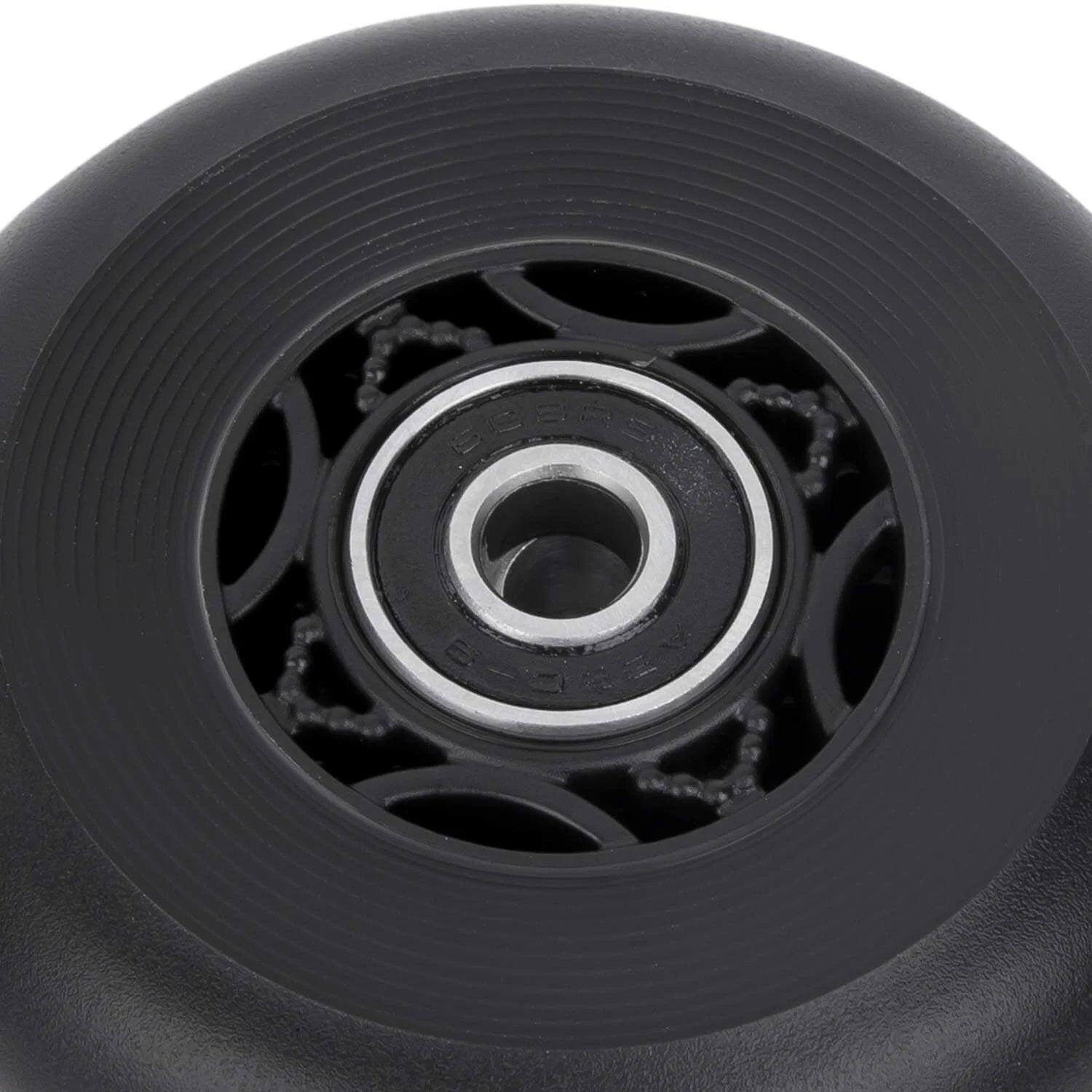 Close-up of black 76mm 90a Ripsurf Wheel w/Bearings ABEC-9 for DLX Caster Board, Deluxe Junior Skateboard, 2 Wheel Pivoting Skateboard