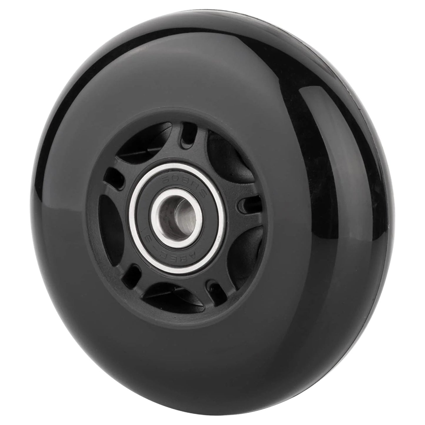 Black inline skate wheel for outdoor & indoor use, 80mm with ABEC-9 bearings, part of a roller hockey wheel set 8-pack.