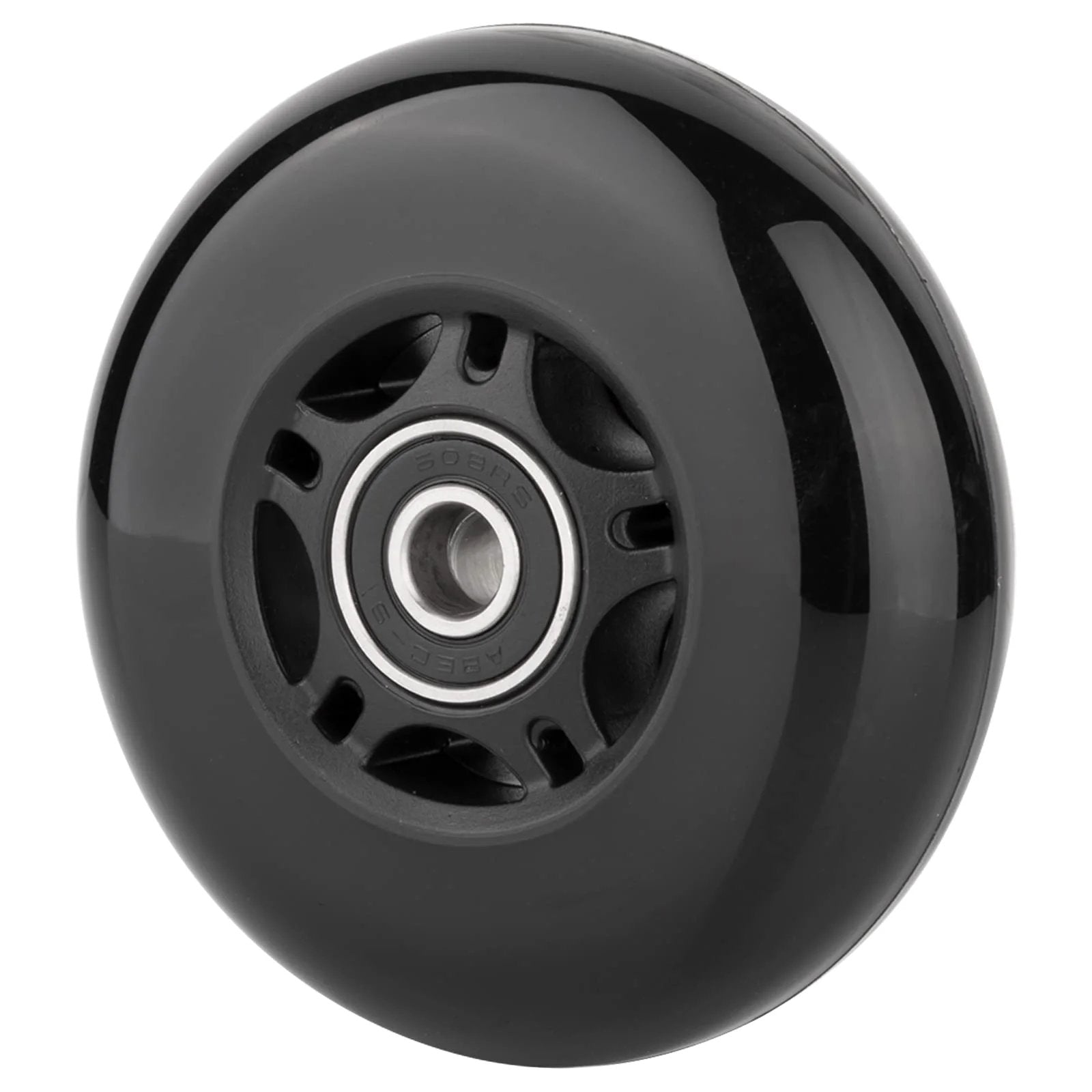 Black inline skate wheel for outdoor & indoor use, 80mm with ABEC-9 bearings, part of a roller hockey wheel set 8-pack.