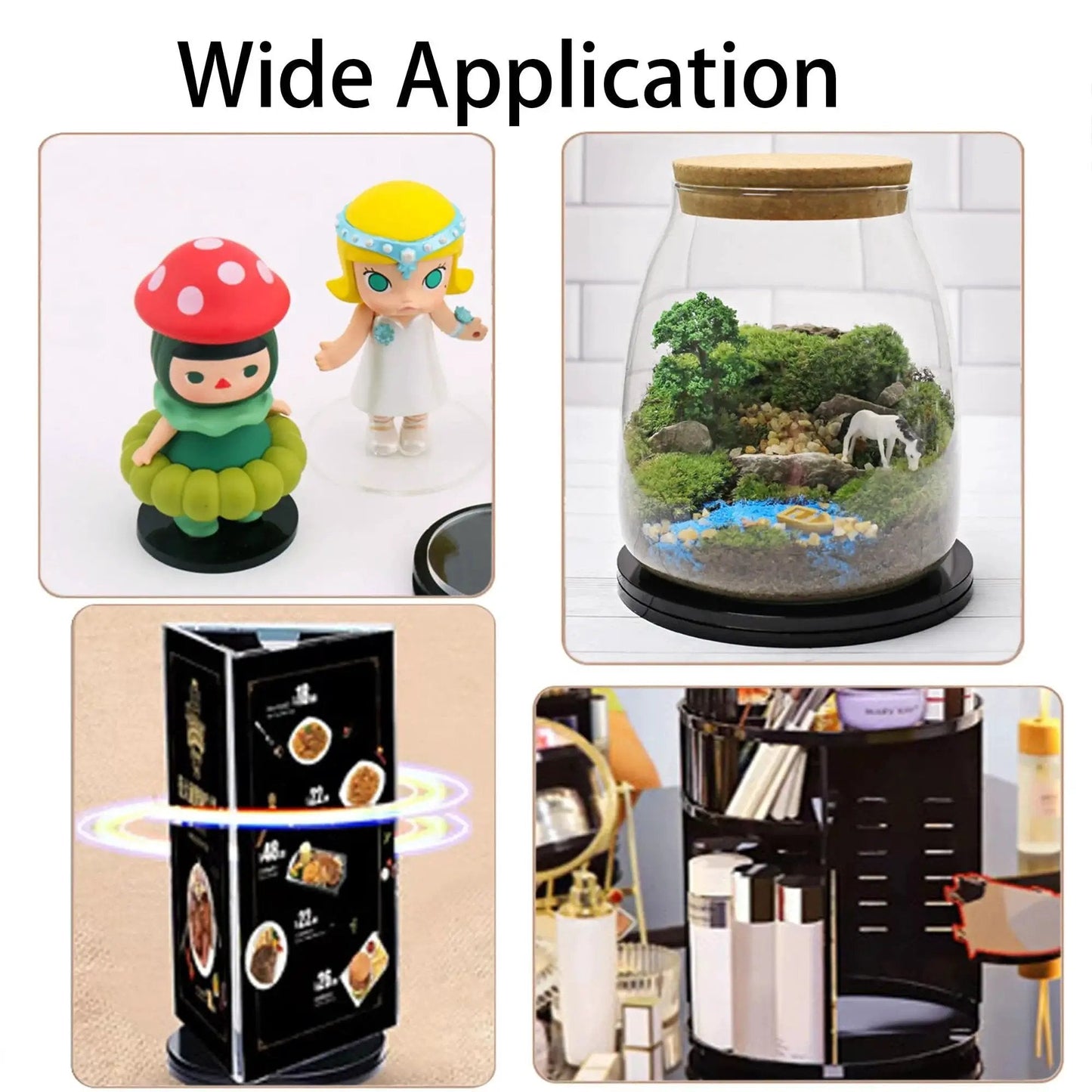 Various uses of 4 Inch Black Acrylic Lazy Susan Turntable Set 4 Pcs for organizing toys, terrariums, menus, and kitchen items.