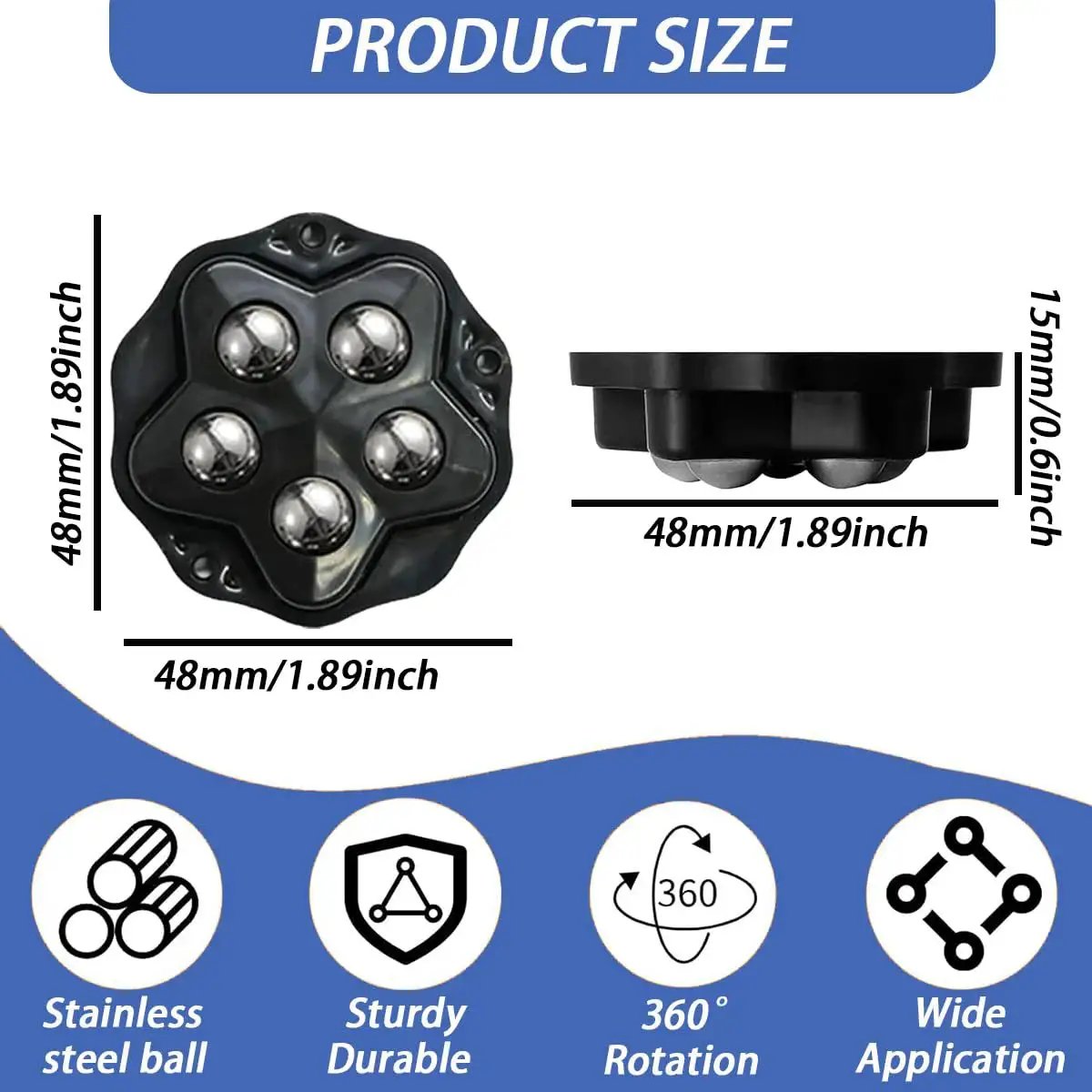 Top and side view of 8 Pcs Self Adhesive Caster Wheels Stainless Steel 360 Degree Swivel Low Profile Rollers With Brake Pads