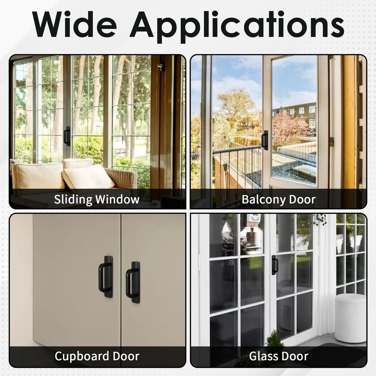Wide applications of Four Pack Adhesive Cabinet Handles Self Stick Drawer Pulls No Drill Black 4 Inch on sliding windows and doors.
