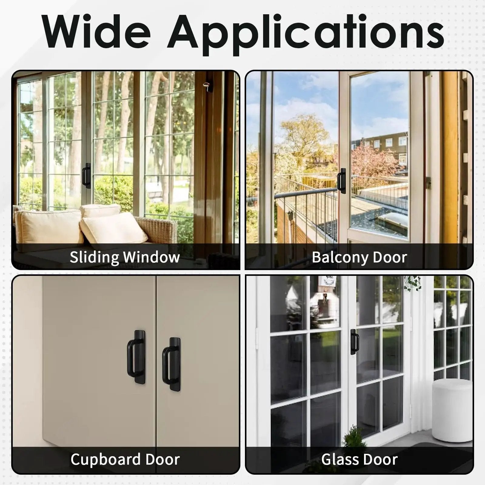Wide applications of Four Pack Adhesive Cabinet Handles Self Stick Drawer Pulls No Drill Black 4 Inch on sliding windows and doors.