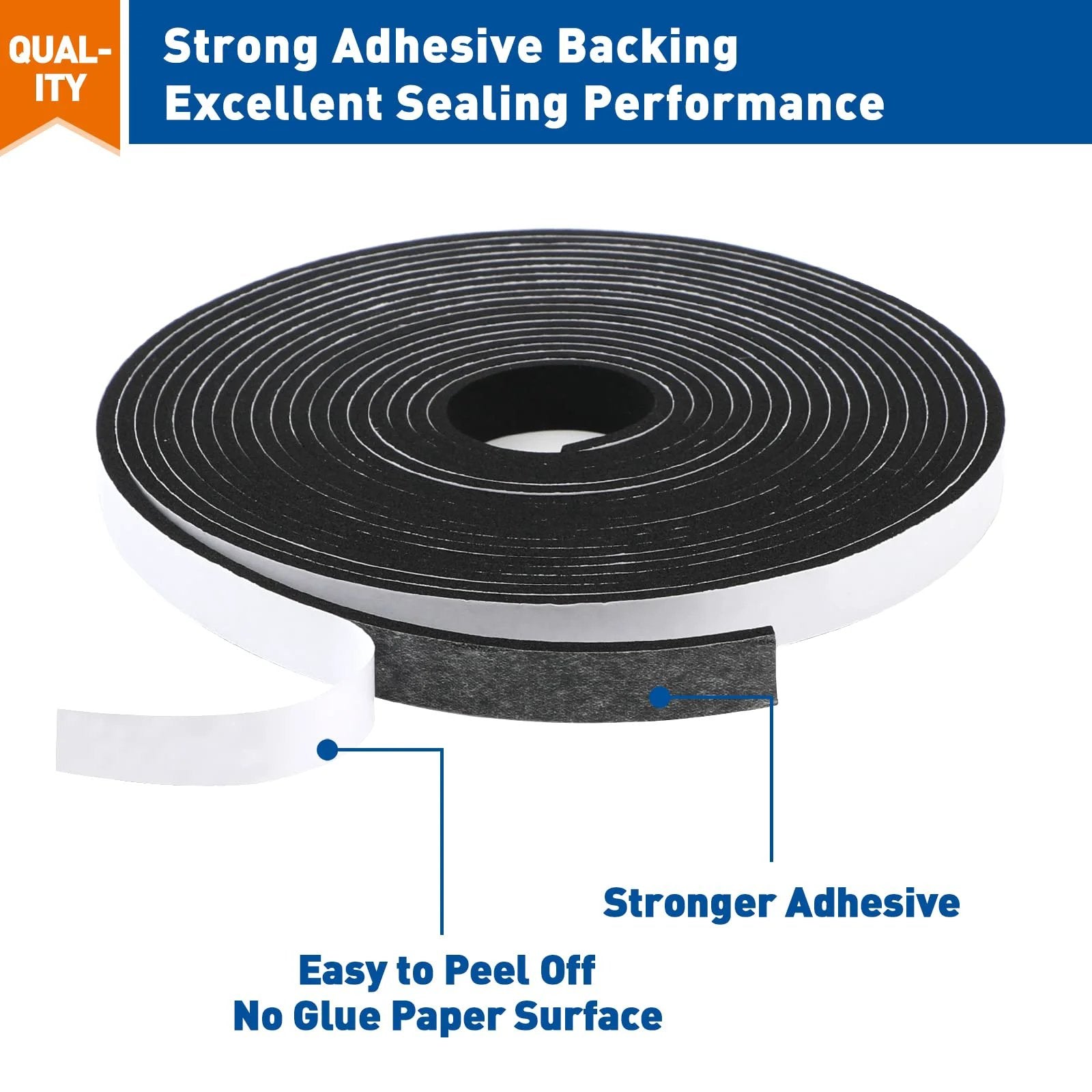 Weather Stripping Door Seal For Windows And Doors, Half Inch Wide By One Eighth Inch Thick Adhesive Foam Tape, Soundproof Weather Stripping, Black, showing strong adhesive backing and easy peel off.
