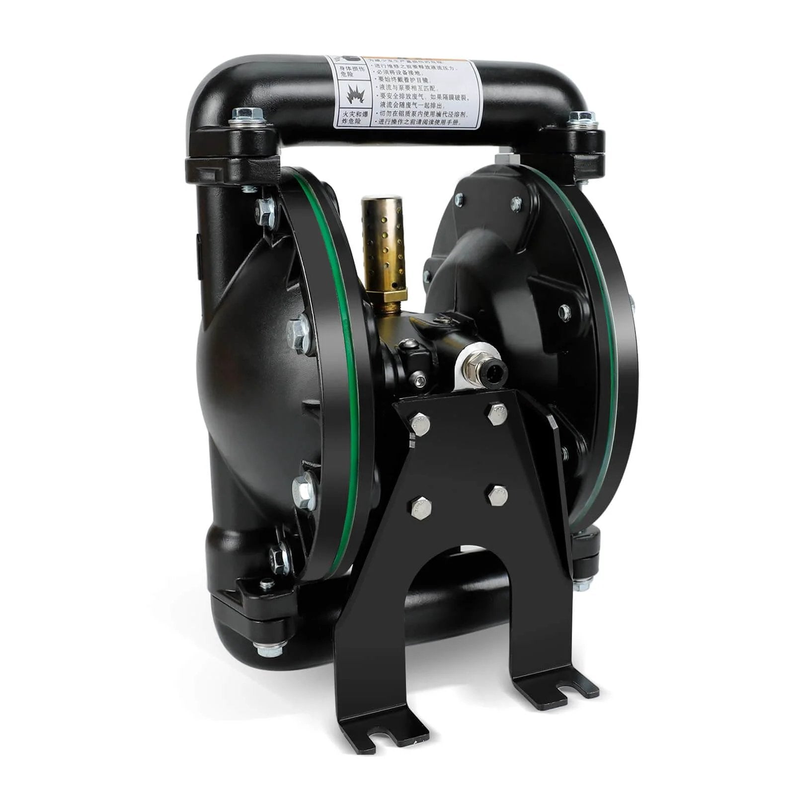 Front view of Air-Operated Double Diaphragm Pump, 35 GPM Dual Diaphragm Air Pump Pneumatic Waste Oil Transfer Pump with 1 Inch Inlet/Outlet Port.